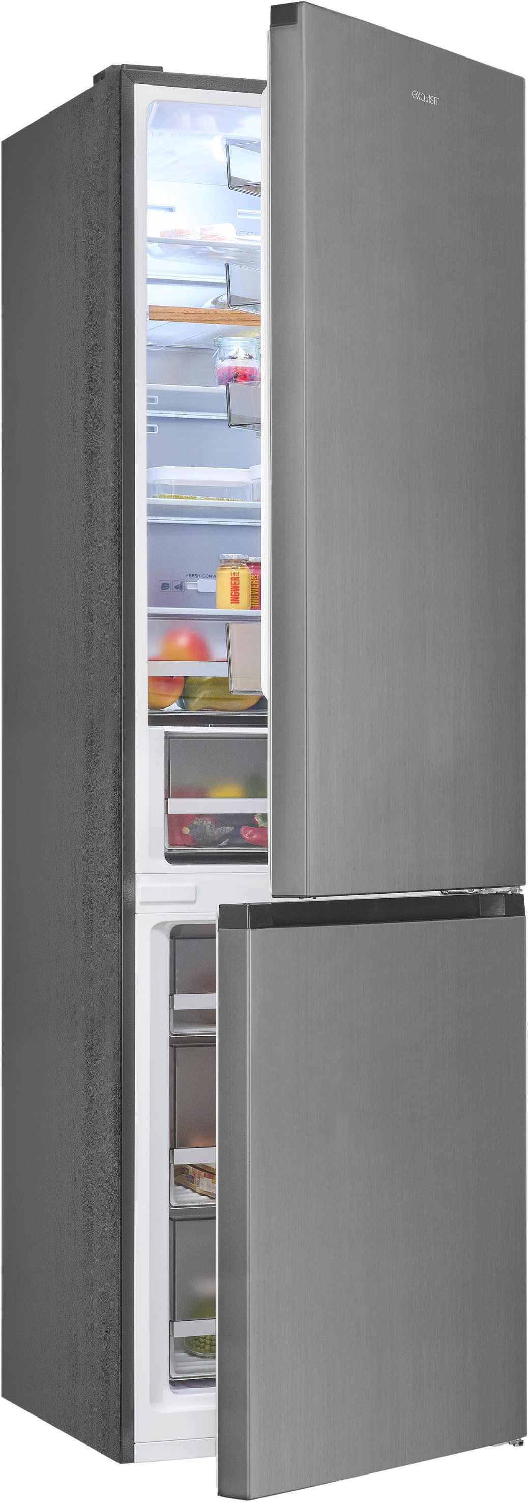 exquisit Kühl-/Gefrierkombination KGC380-115-NF-040A inoxlook, 200,5 cm hoch, 59,5 cm breit, Humidity Box für optimale Feuchtigkeitsregulierung & kein Abtauen mehr