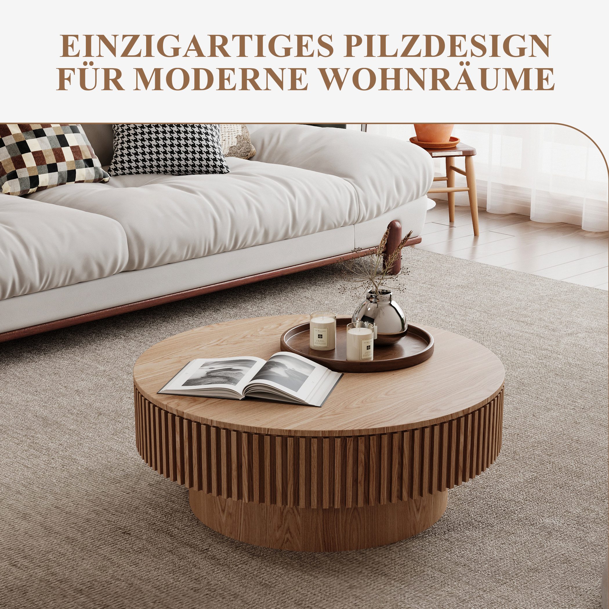 SeedWave Couchtisch mit Stauraum Sofatisch in Pilzform mit 75cm Runder Tischplatte, Wohnzimmertisch mit Massivholzfurnier – Bild 2 von 5