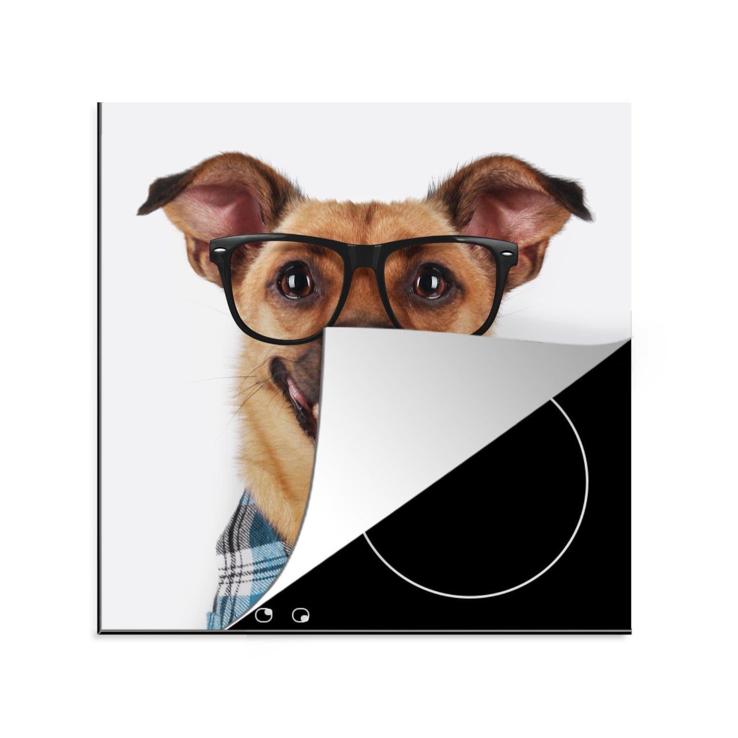 Hund küche (1 - Vinyl, Herdblende-/Abdeckplatte cm, - für - tlg), 78x78 Ceranfeldabdeckung, Arbeitsplatte MuchoWow Brille Bluse Hipster,