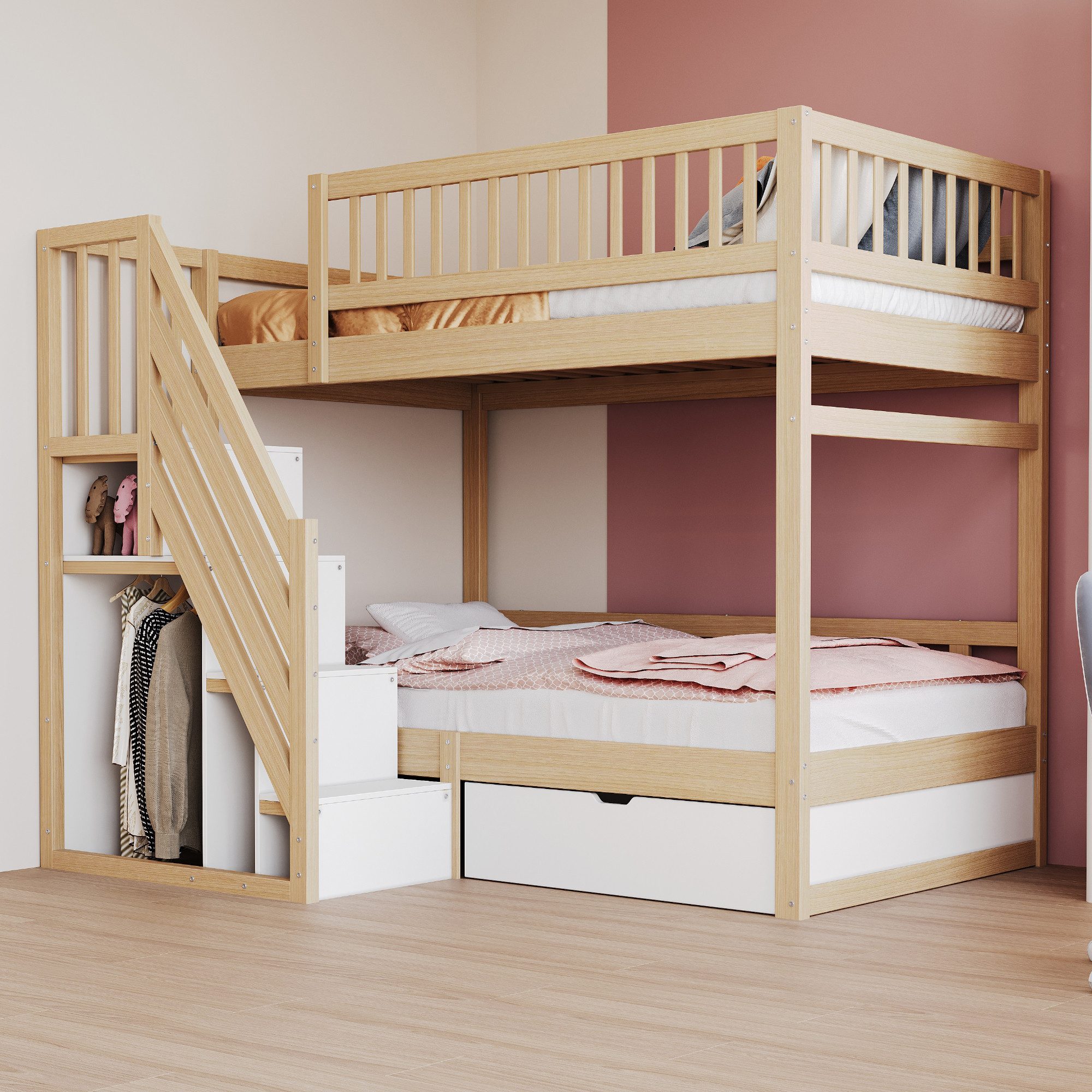 Merax Etagenbett (1-St., Hochbett Stockbett mit Sicherheitszaun), Massivholzbett Kinderbett 90x200cm mit Stauraumtreppe und Schublade