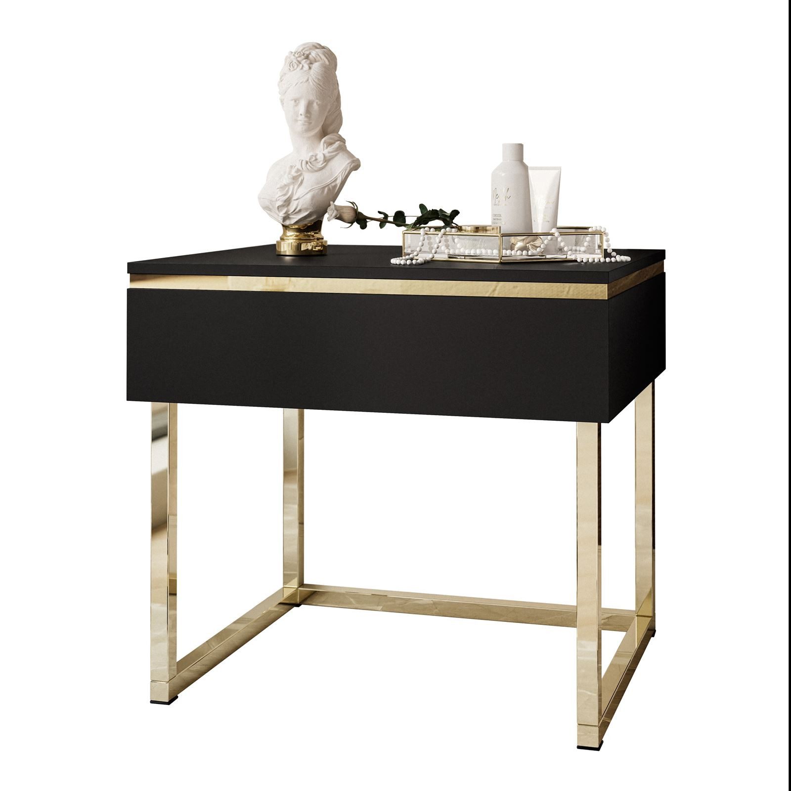 Lookway Nachttisch AURORA Schwarz Matt mit goldenem Gestell (1x Nachttisch), Breite: 48 cm