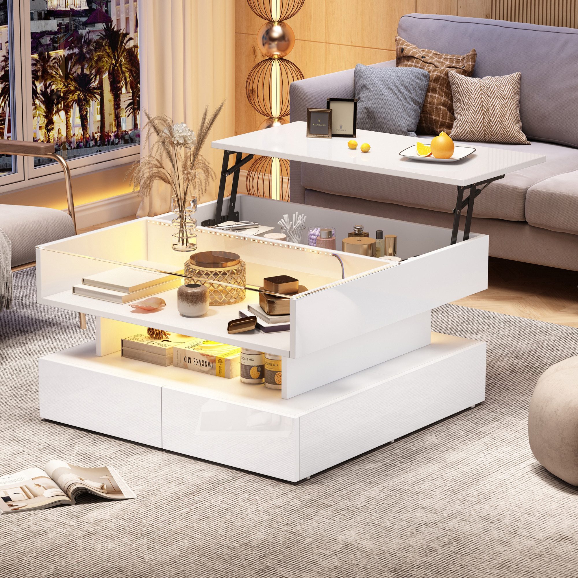Merax Couchtisch höhenverstellbar Sofatisch Hochglanz Beistelltisch mit LED-Beleuchtung (80 x 80 x 45 cm, 1-St., Tischplatte aus gehärtetem Glas und Spanplatte) – Bild 4 von 5
