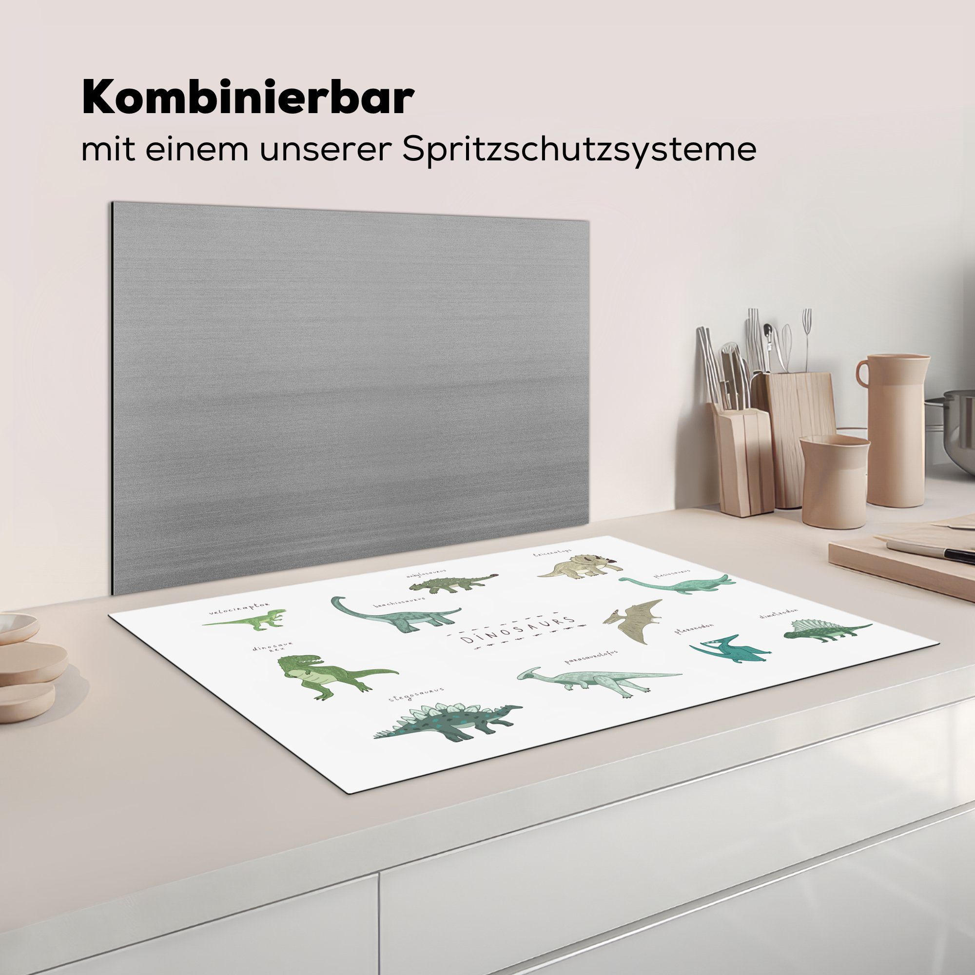 Mädchen cm, - Dinosaurier Ceranfeldabdeckung die 81x52 Kind, Vinyl, Farben - - für Junge MuchoWow Induktionskochfeld tlg), küche, Kinderzimmer Herdblende-/Abdeckplatte Schutz - - (1