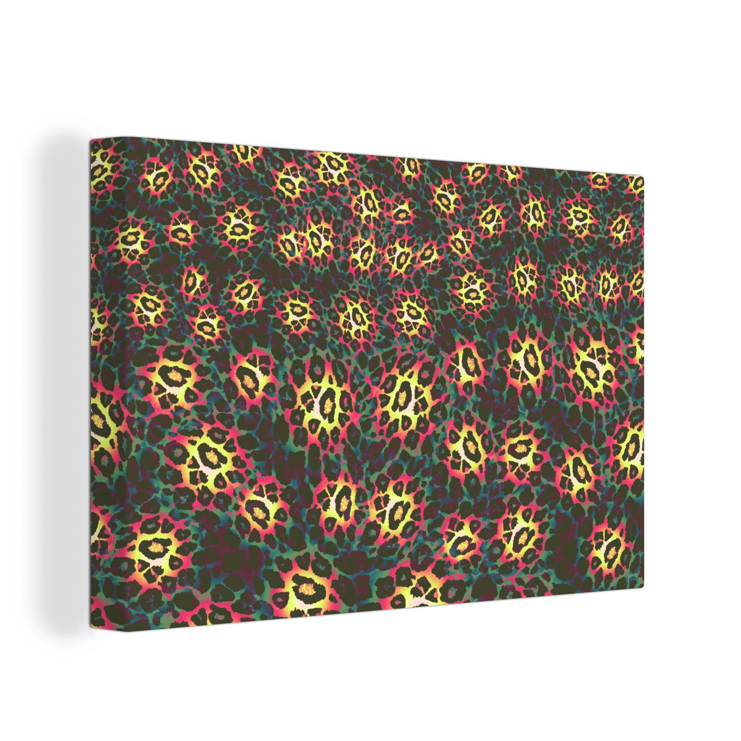 OneMillionCanvasses® Leinwandbild Leopard - Bunt - Design, (1 St), Wandbild Leinwandbilder, Aufhängefertig, Wanddeko, 30x20 cm