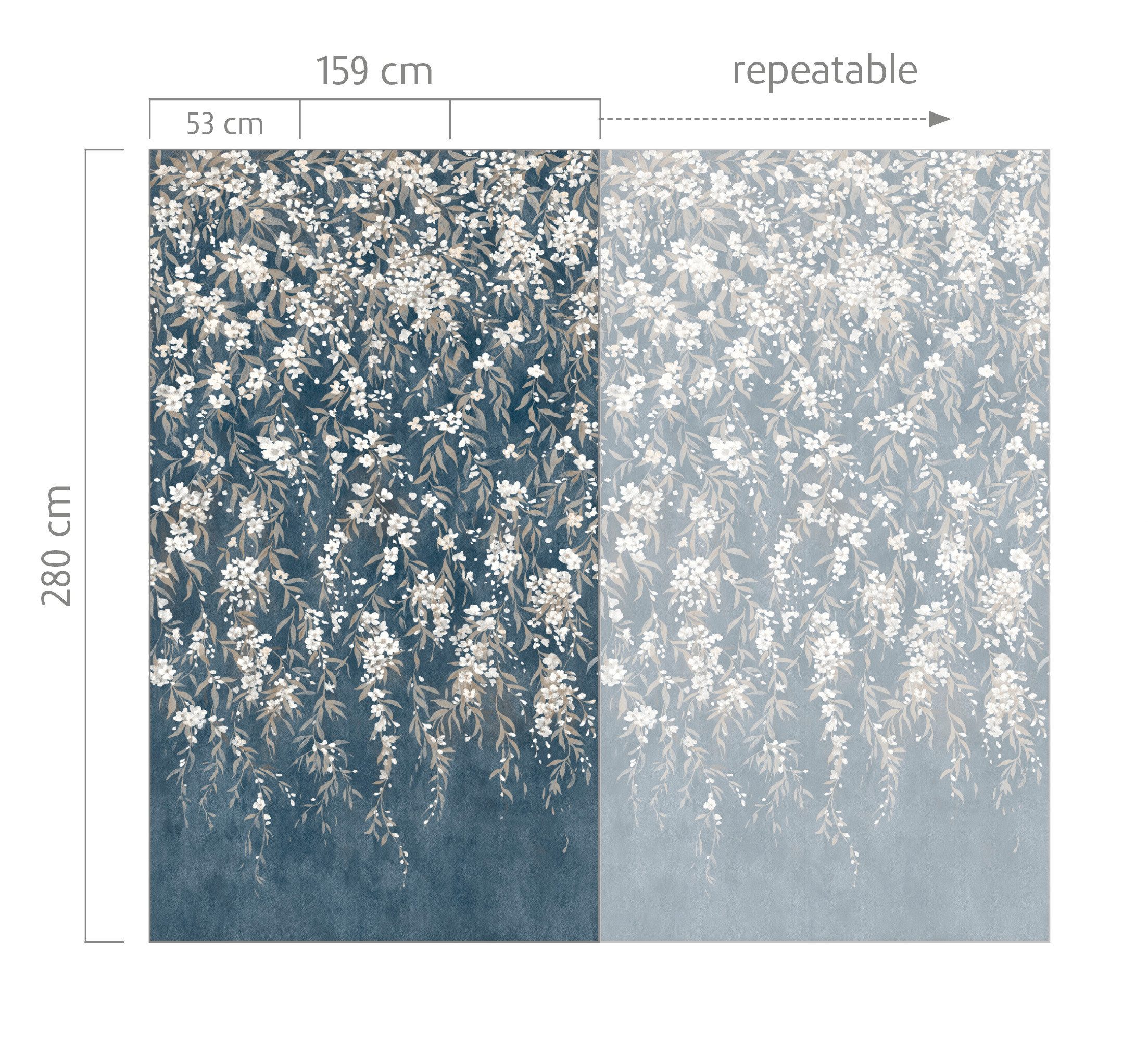 Rasch Fototapete Blumen mit Blumenranken in Blau - 2,80m x 1,59m - Noble Zen, strukturiert, floral, natürlich, botanisch, geblümt, (1 St), Blumentapete