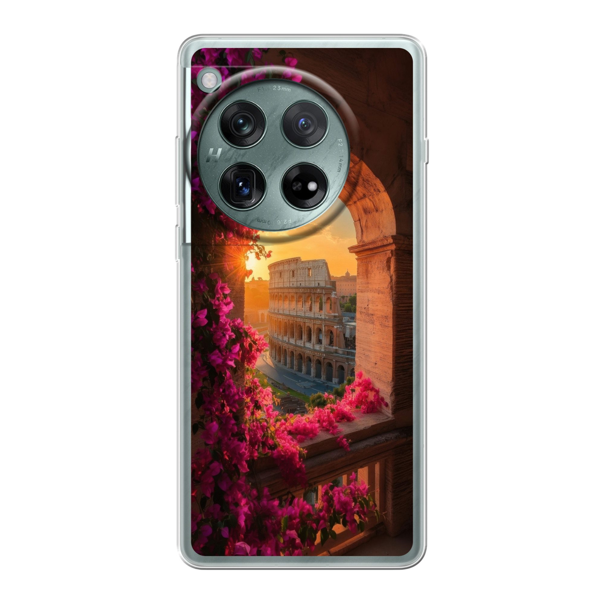 MuchoWow Handyhülle für OnePlus 12 Kolosseum - Rom - Rosa Blumen, Handy Case, Silikon, Bumper Case Dünn