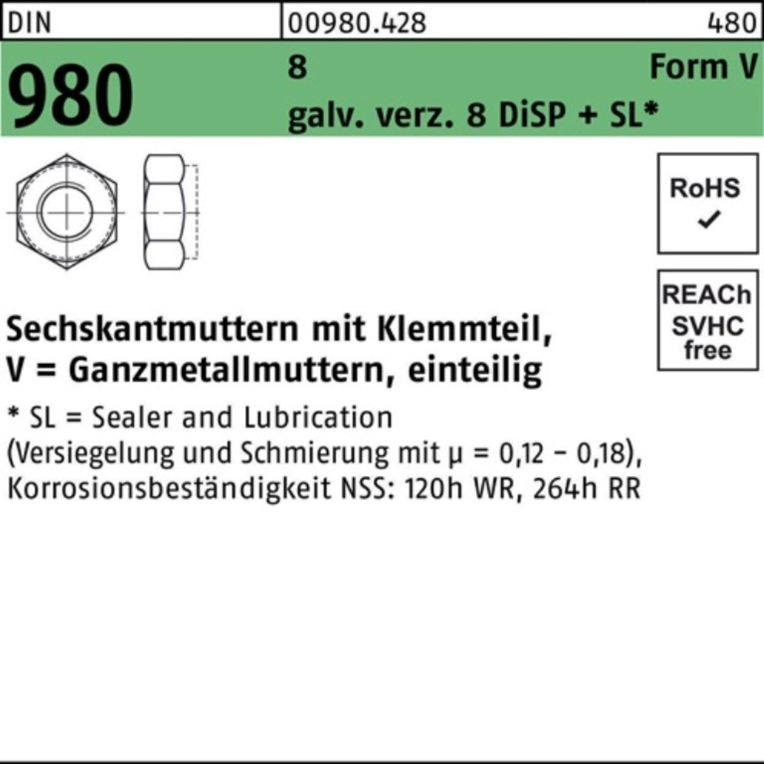 Reyher Sechskantmutter Klemmteil 980 8 M16 DISP V 100er Sechskantmutter DIN Pack galv.verz. 8