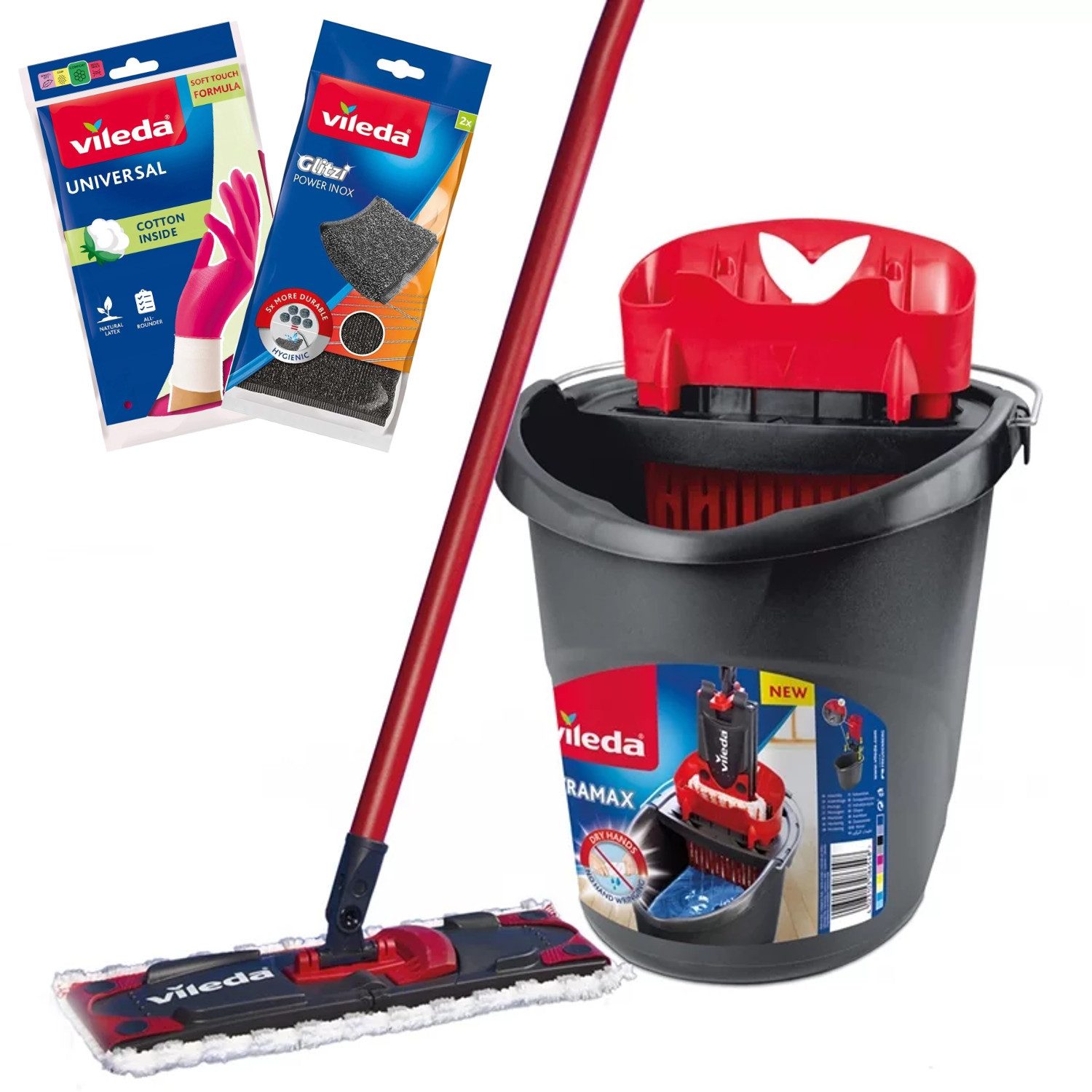 Vileda Wischmopp-Set Ultramax Flachmopp-Set mit Spülhandschuhen, + 2 Glitzi-Scheuerschwämmen