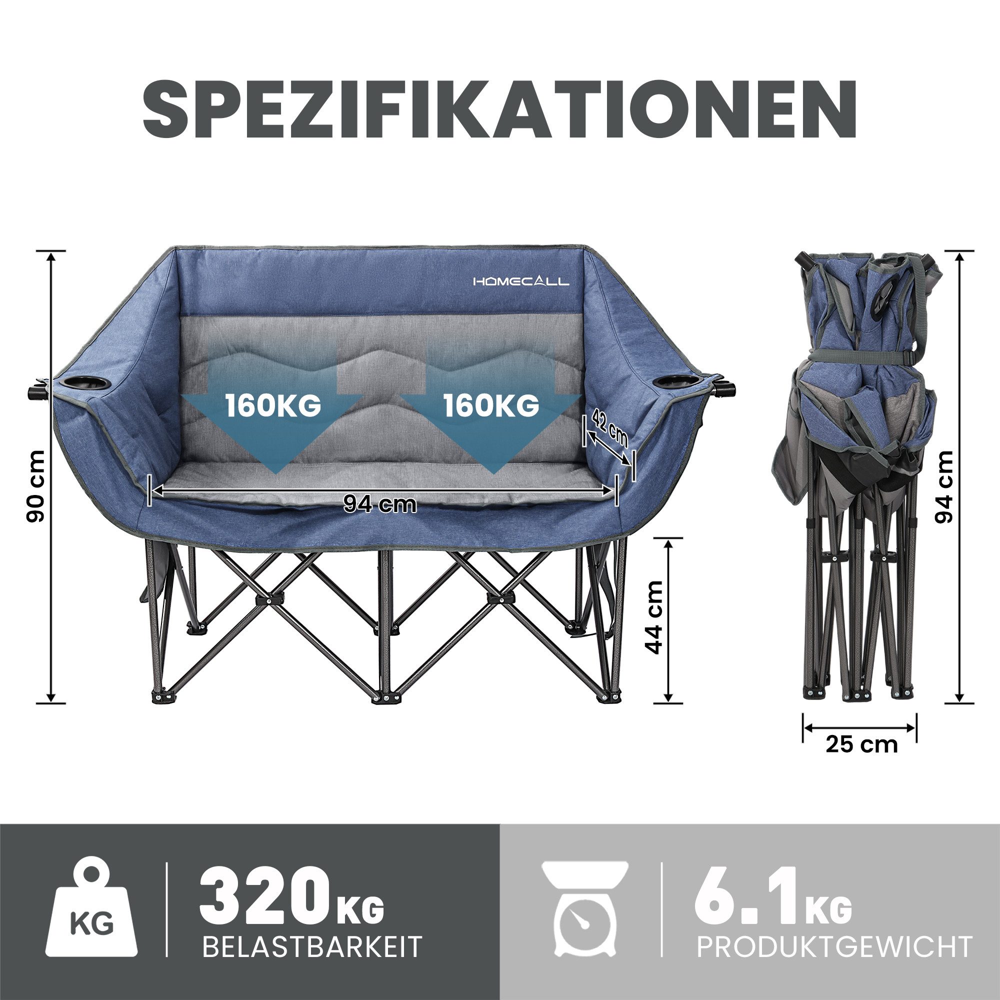 HOMECALL Campingstuhl Camping sofa Faltbar Karpfenstuhl Camping Couch Doppelter (1 St)