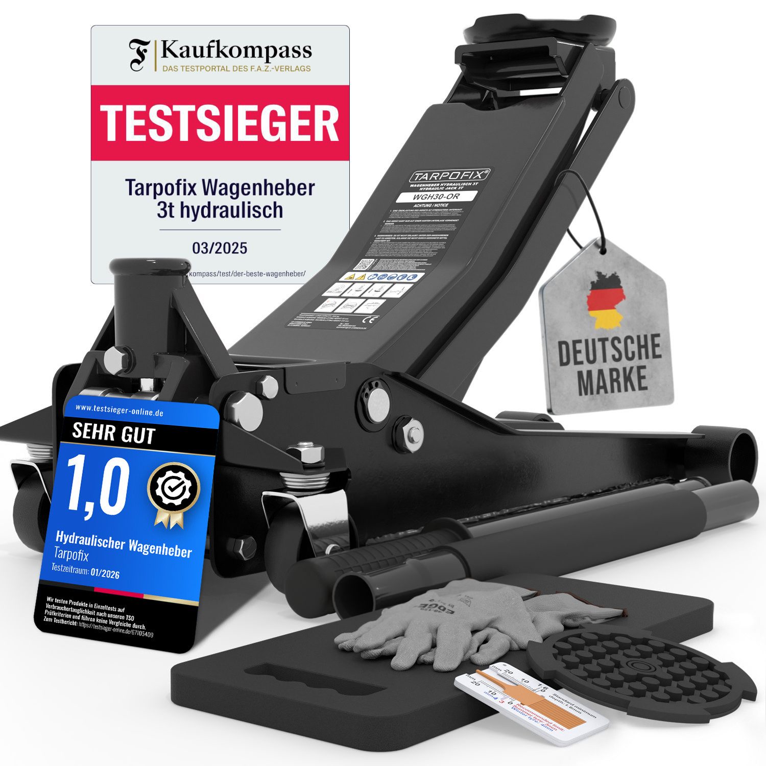 Tarpofix® Wagenheber Tarpofix® Hydraulischer Wagenheber 3t mit Doppelzylinder, max. Hubhöhe: 47.5 cm, Robuster Hydraulikheber mit 85 - 475 mm Hubhöhe