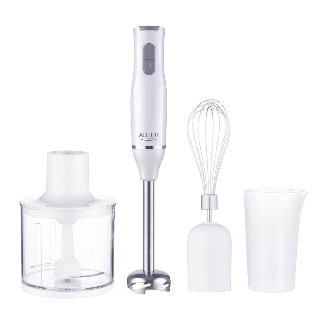 ADLER EUROPE Stabmixer AD 4620 Stabmixer Set, 4-in-1 Handmixer mit Zerkleinerer 500 ml, 800 W, Messbecher 700 ml, Schneebesen, Edelstahl, Weiß