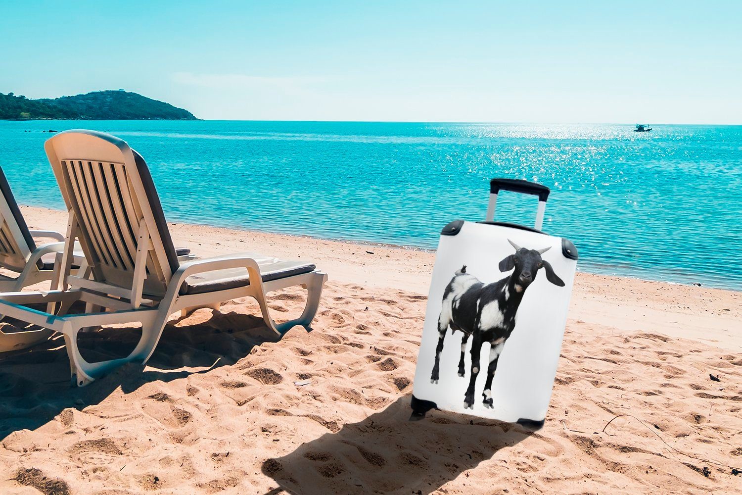 MuchoWow Handgepäckkoffer einem Ferien, Hintergrund, Handgepäck weiße weißen 4 Reisetasche Schwarze Ziege auf mit und Rollen, für Reisekoffer rollen, Trolley,