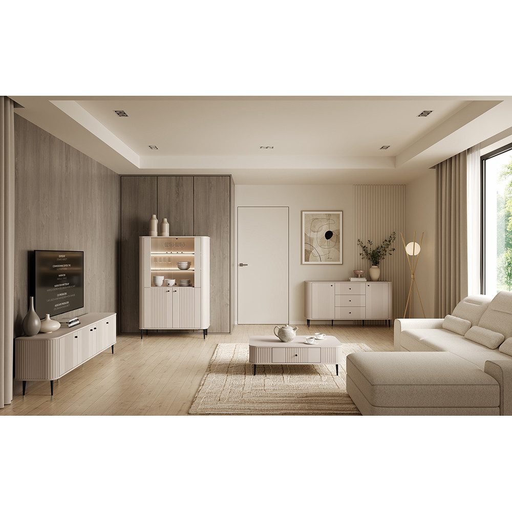 Lomadox Wohnzimmer-Set VIRGINIA-141, (Mega-Spar-Set, 4-St., Kommode Couchtisch Highboard Lowboard), kaschmir, schwarze Griffe und Füße, gerillte Frontstruktur