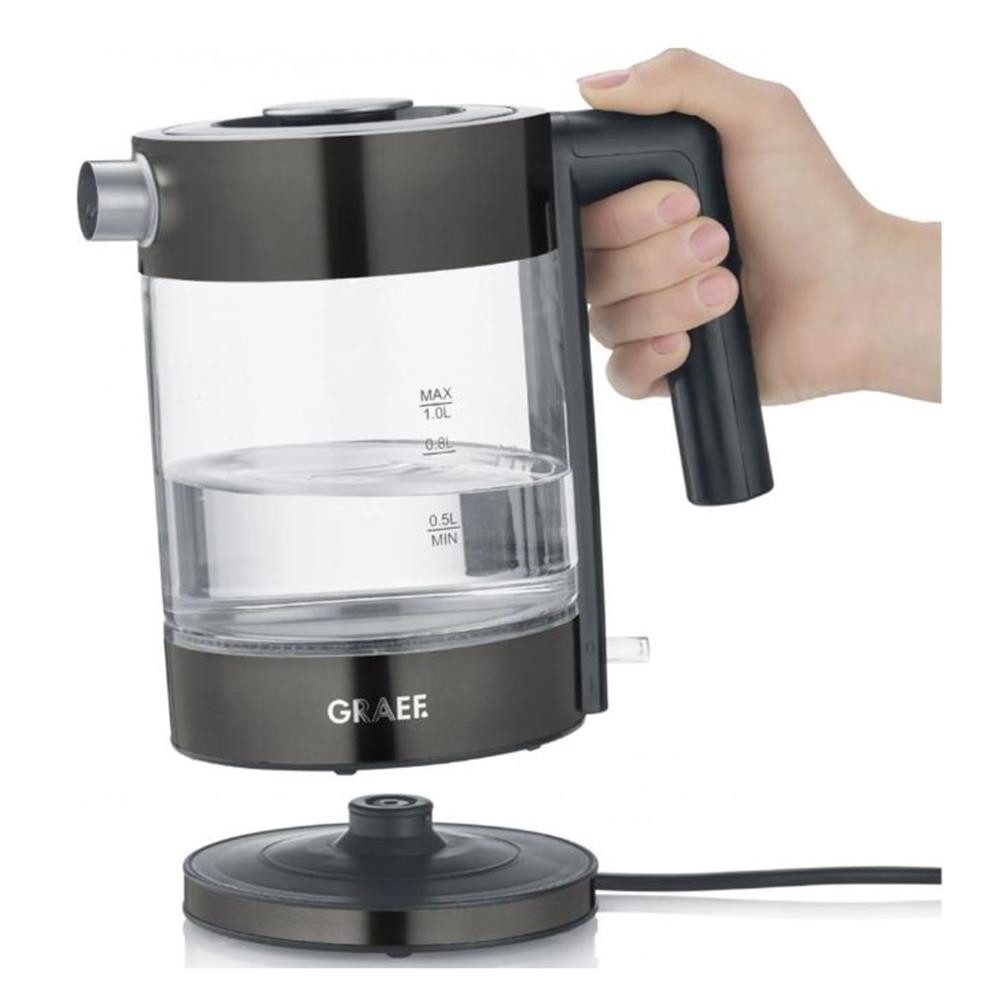 Graef Wasserkocher WK 302 Glaswasserkocher Edelstahl schwarz 1 Liter LED beleuchtet, 2000 W, Kalkfilter Trockengehschutz Überhitzungsschutz Abnehmbarer Deckel