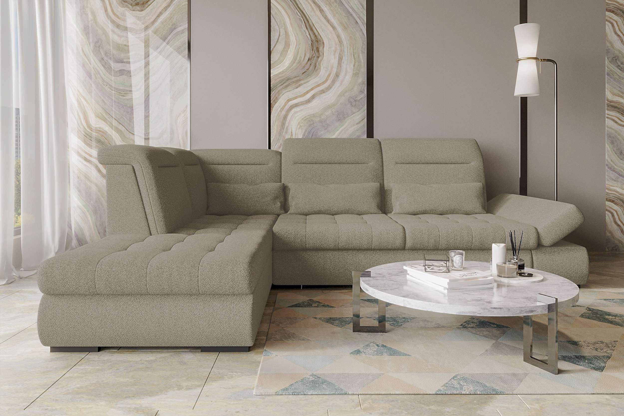 99rooms Ecksofa Toscana, Sofa L-Form, Eckcouch, Bettfunktion, Rundumbezug aus gepolstertem Strukturstoff NEVE