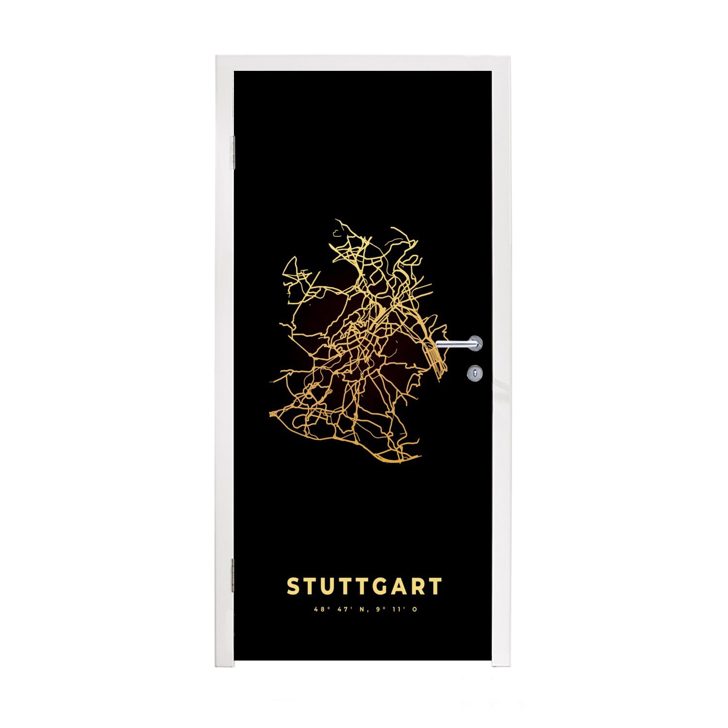 MuchoWow Türtapete Stadtplan - Gold 75x205 Tür, - - für (1 cm bedruckt, Matt, Fototapete Karte, St), Stuttgart Türaufkleber