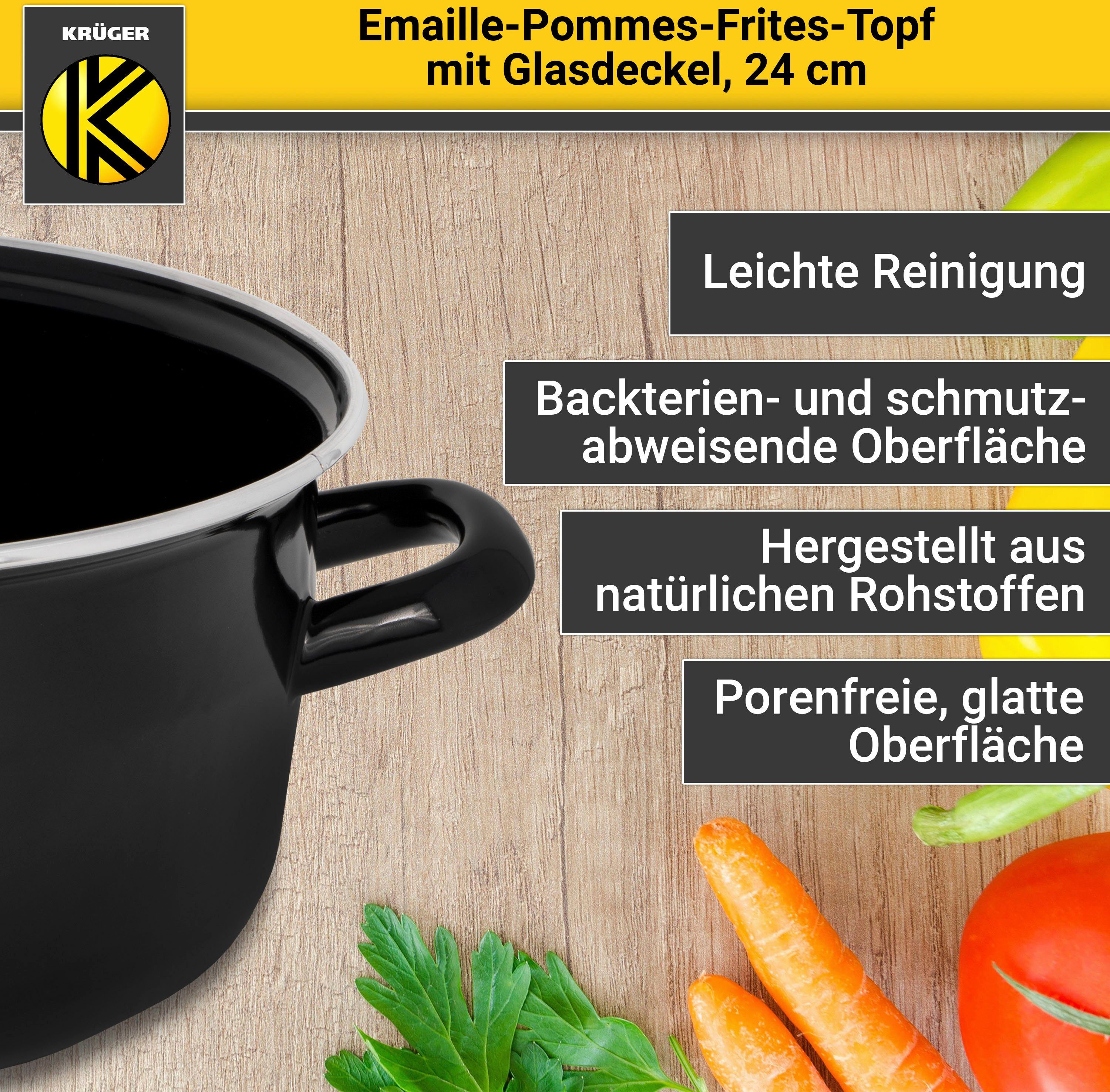 mit Induktion Emaille, Ø 24 Krüger Deckel, Frittiertopf, cm,