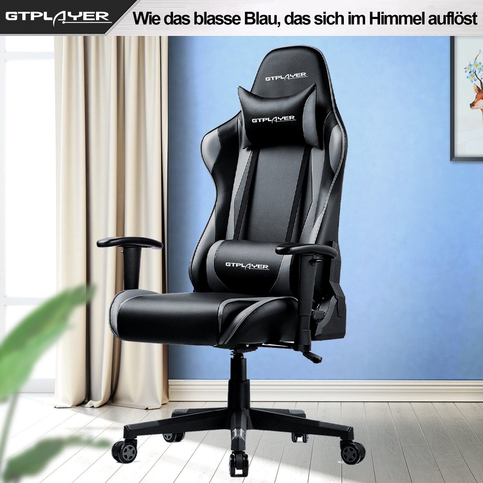 GTPLAYER Gaming-Stuhl Bürostuhl Gaming Stuhl Gaming Sessel ergonomischer Gamer Stuhl, bis 150 kg belastbar, Neigungswinkel 90°-165° grau