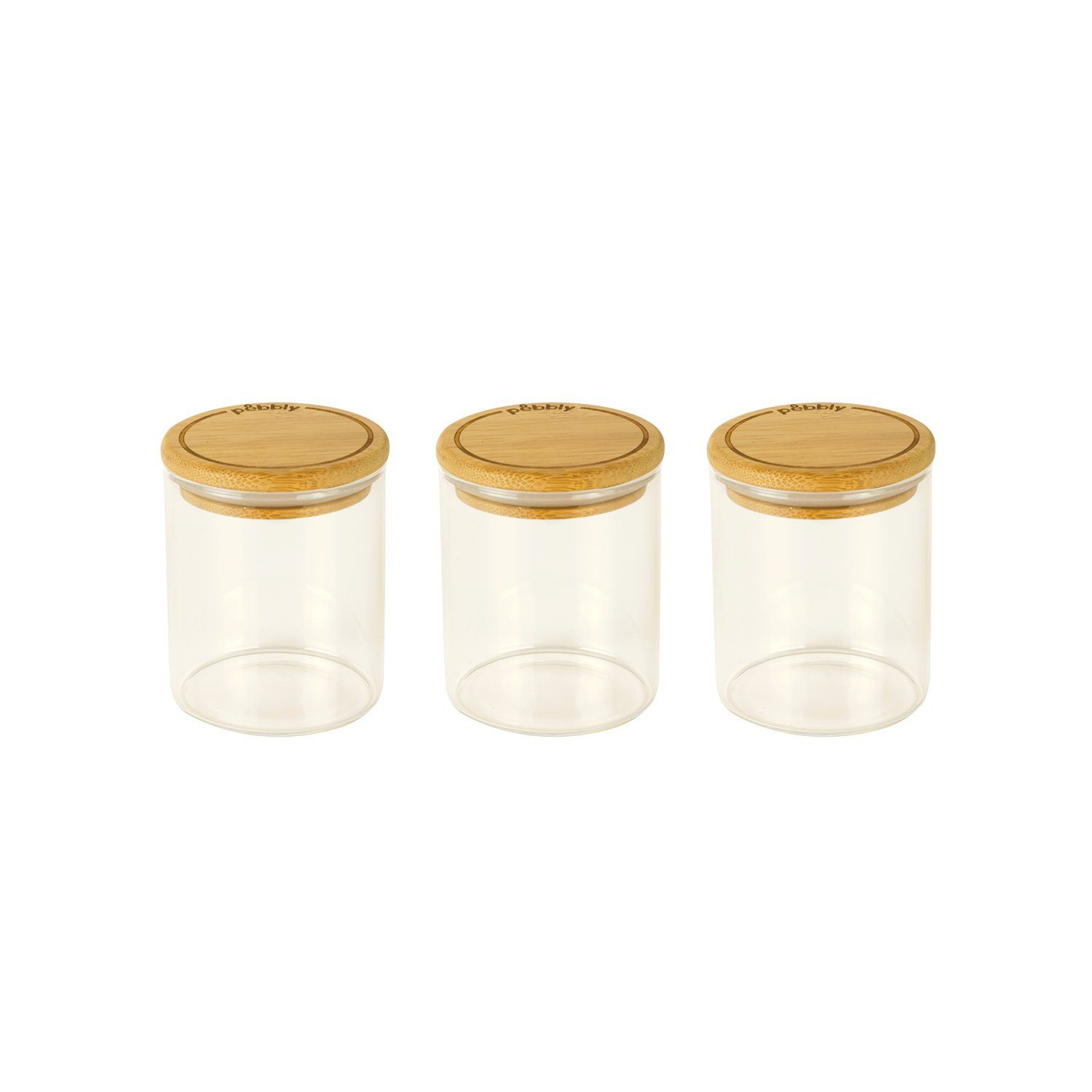 Pebbly Vorratsdose Pebbly Glasbehälter rund mit Bambusdeckel 180 ml 3er Set, Borosilikatglas, Bambus, Silikon