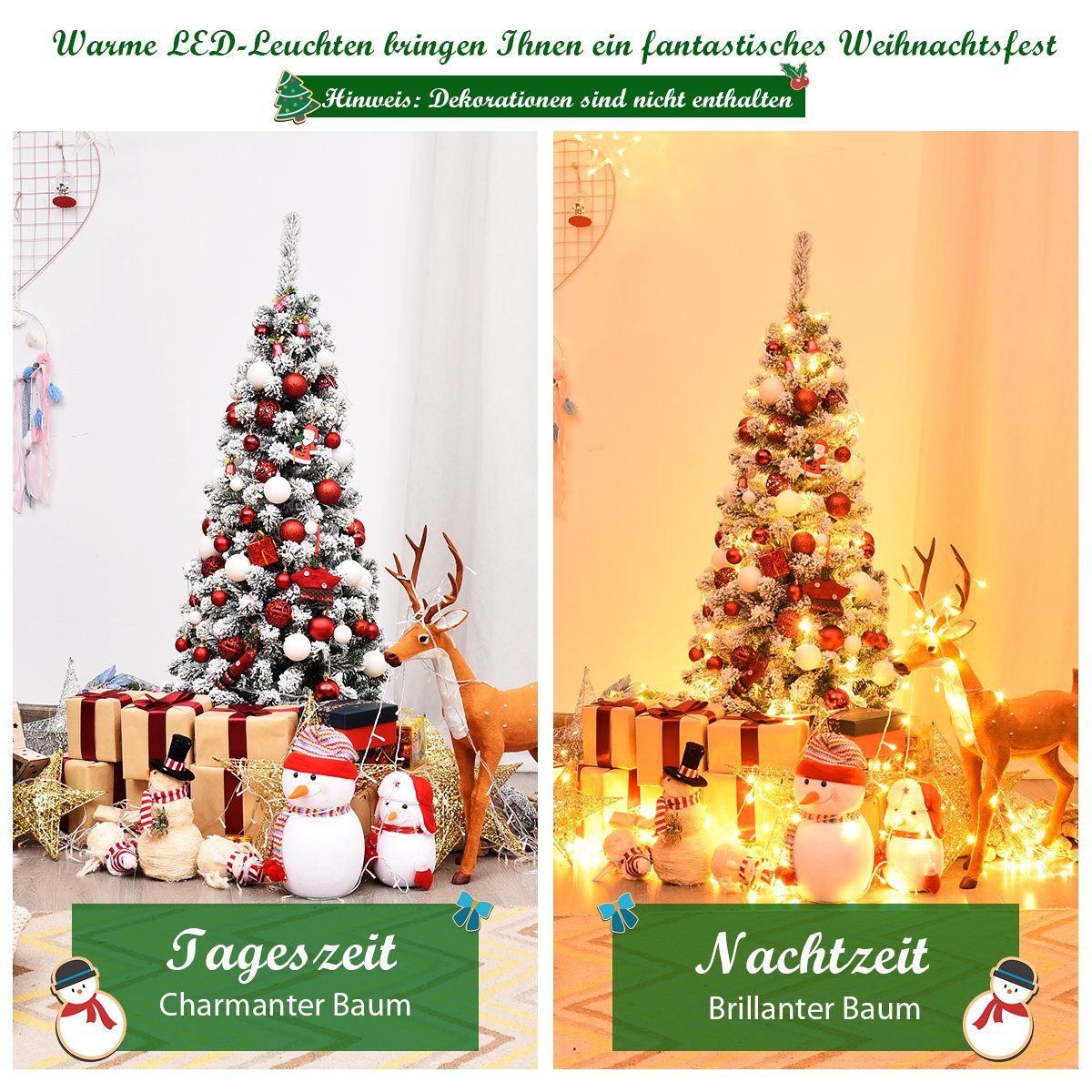 COSTWAY Künstlicher Weihnachtsbaum, 135cm, 150 warmweiße LEDs, 242 PVC Nadeln