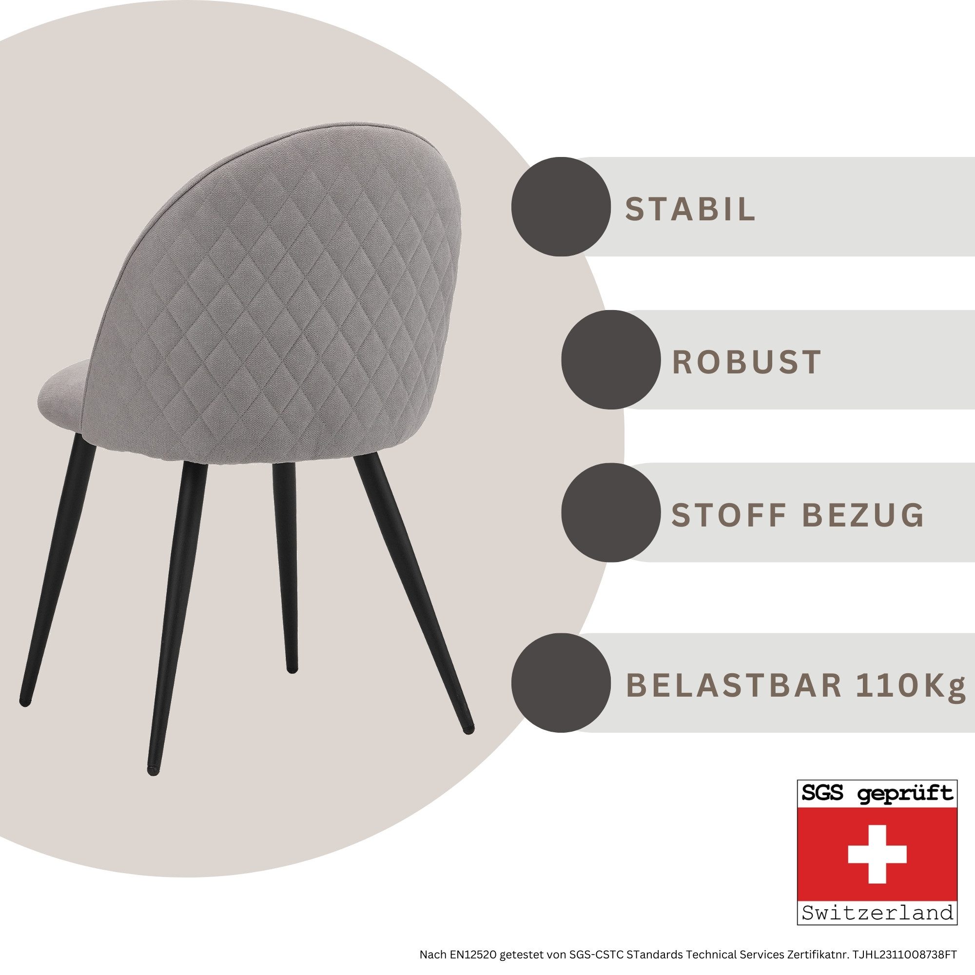 Albatros International Esszimmerstuhl Esszimmer Stühle 4 er Set CAPO, Stuhl Stühle Esszimmerstühle, Küche (4er Set, Grau, Stoff Bezug), Küchenstuhl Küchenstühle – Bild 4 von 5