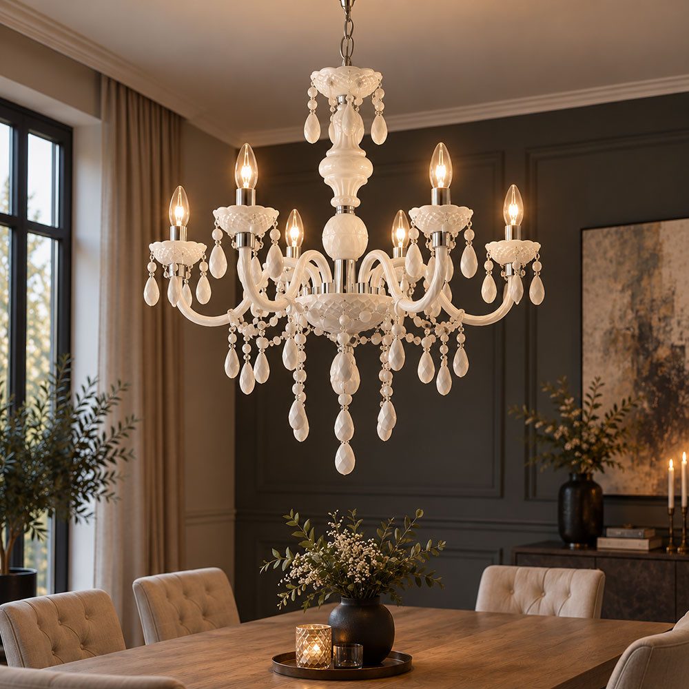 GLOBO LIGHTING Kronleuchter, Leuchtmittel nicht inklusive, Kronleuchter Acryldekor weiß Luster Esszimmer Beleuchtung Chrom