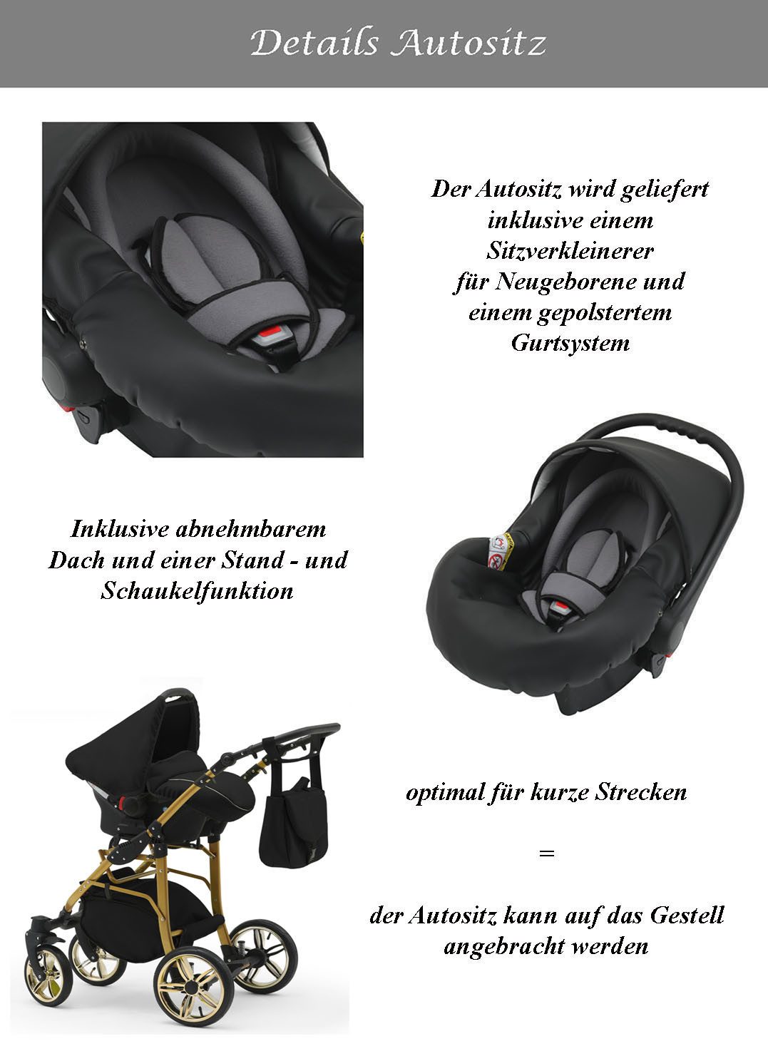 BabyMerc Kombi-Kinderwagen Neo Gold 5 in 1 inkl. Sportsitz, Autositz und Iso Base in 22 Farben