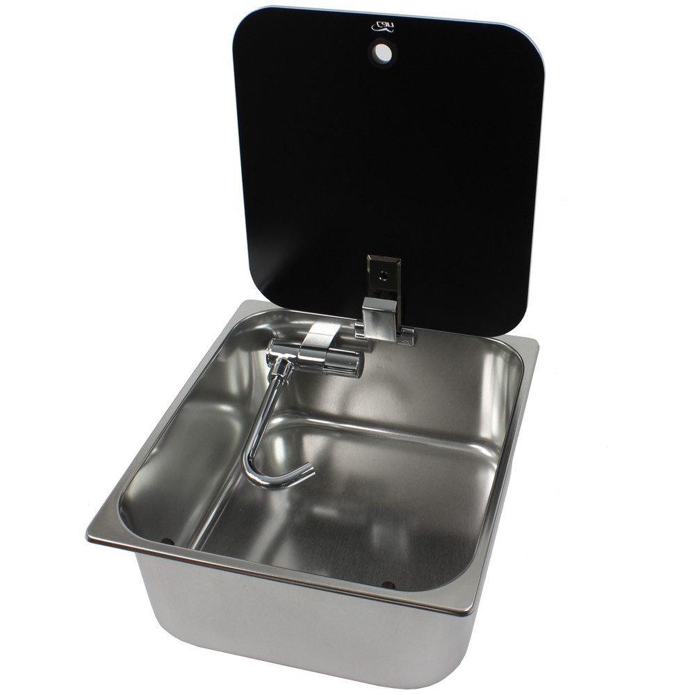 Canù Waschbecken Edelstahl VA Waschbecken Spüle mit Wasserhahn + Abfluss + Glasdeckel