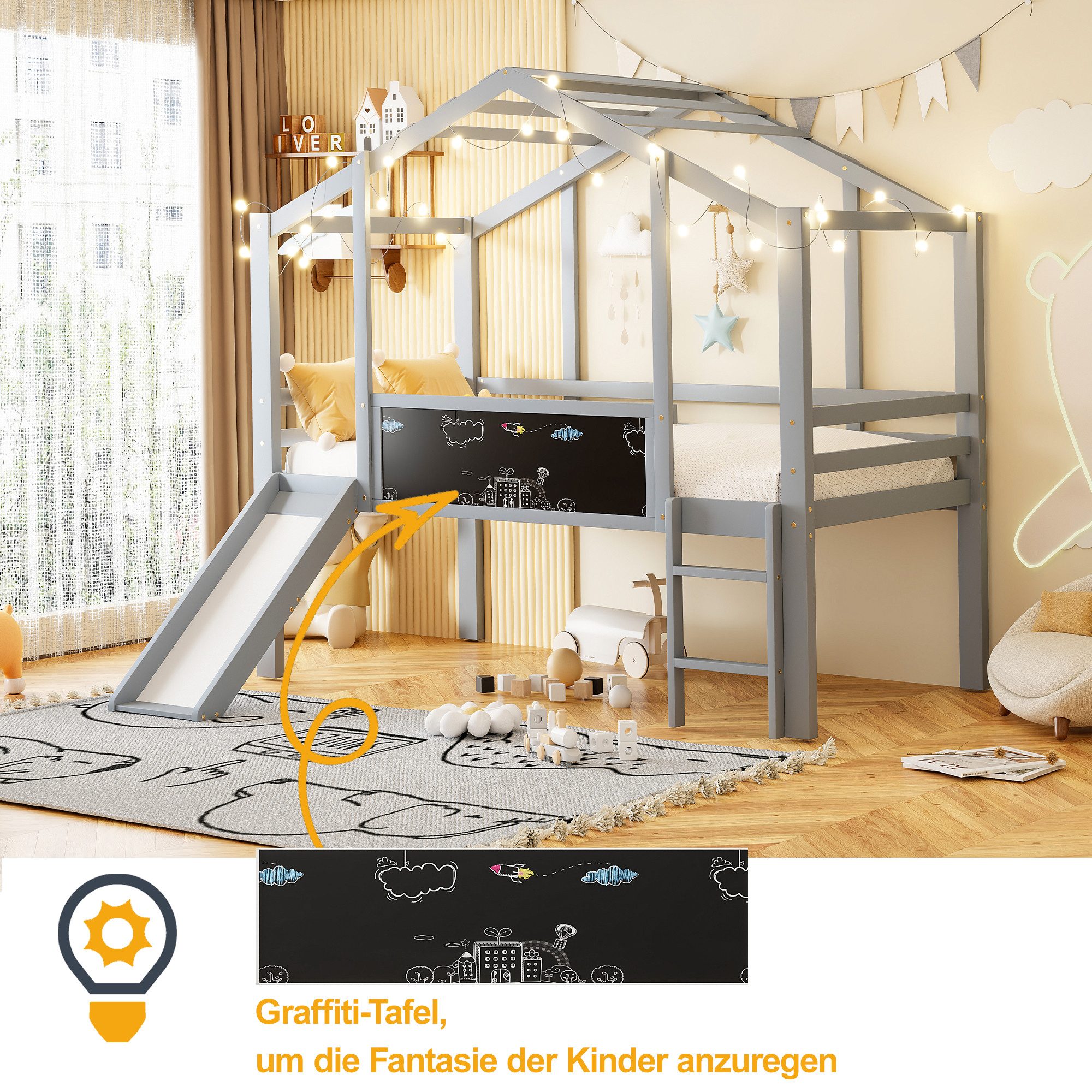 Merax Hochbett im Hausstil (1-St., Etagenbett Jugendbett Einzelbett) Massivholz Kinderbett 90x200cm mit Rutsche, Leiter, Tafel & Dach – Bild 4 von 5