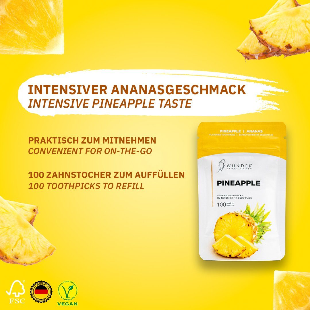 Wunder Zahnstocher Mundpflegecenter mit Geschmack Ananas - 100er Refillpack im Nachfüllbeutel, frischer Atem - Alternative zu Kaugummi - Zuckerfrei & kalorienfrei