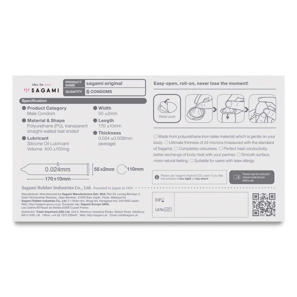 Sagami Einhand-Kondome ultradünne Kondome 0,02mm 6 Stück latexfrei Sagami, 6 St., ultradünn