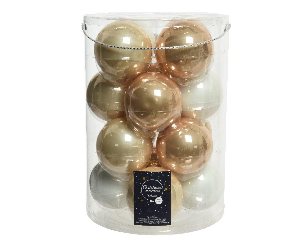 Kaemingk Weihnachtsbaumkugel, Weihnachtskugeln Glas 8cm 16 Stück - Perle / Weiß / Karamel Mix
