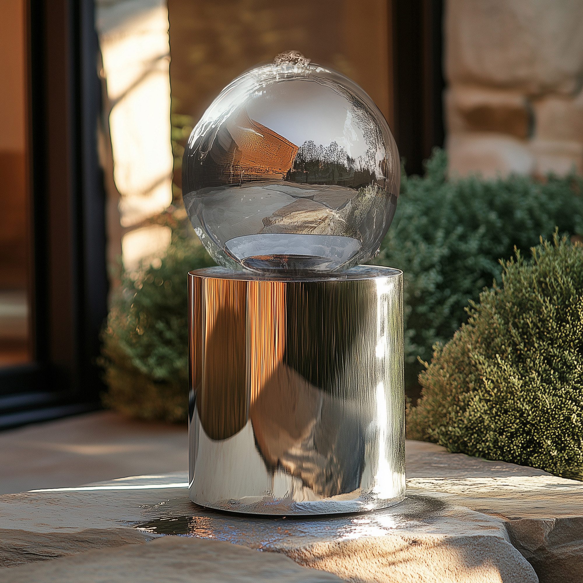 Köhko Gartenbrunnen Kugelbrunnen Ø25cm mit LED auf zylindrischen Edelstahl Eimer H30cm