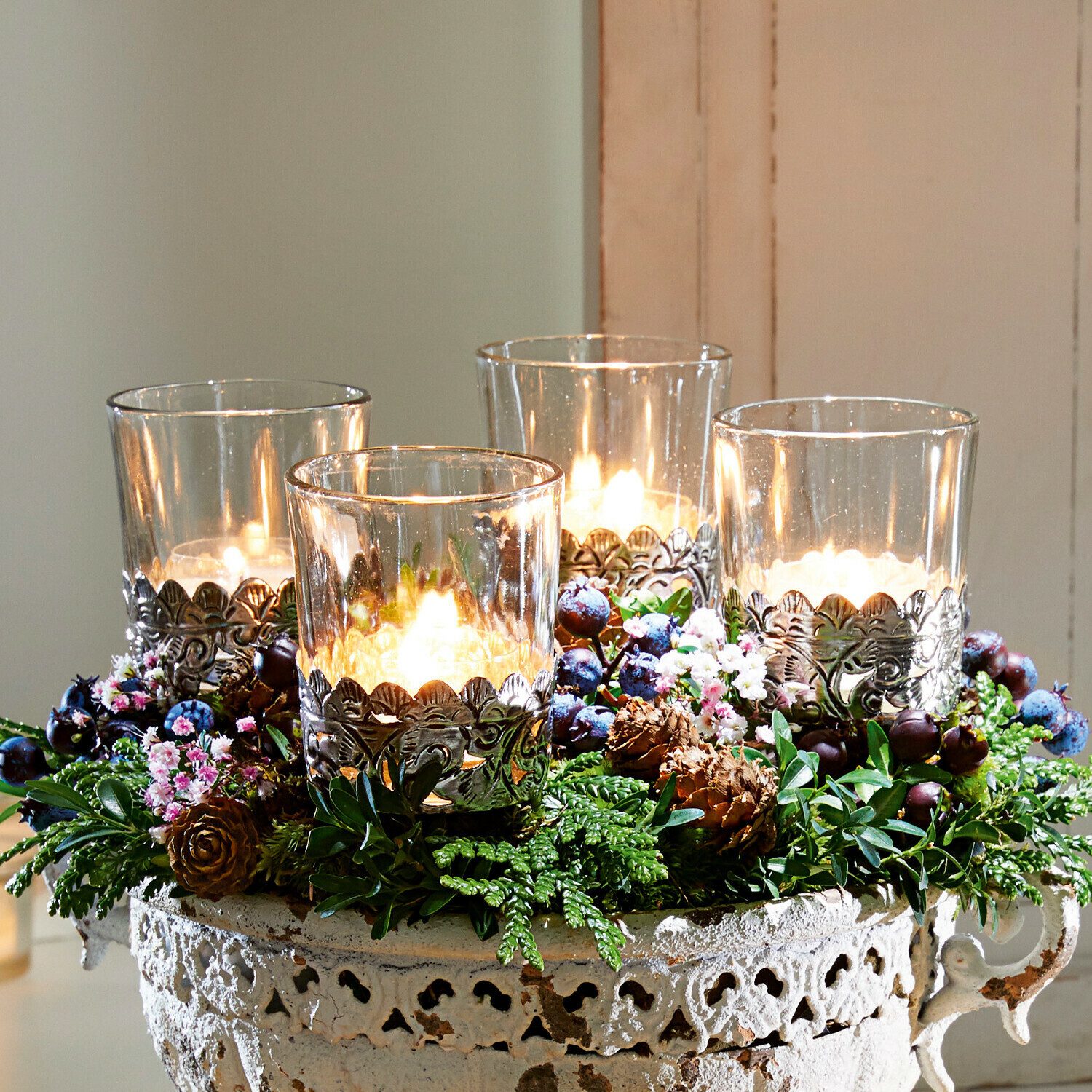 Mirabeau Adventskranz Windlicht 4er Set Pinelle klar/silber