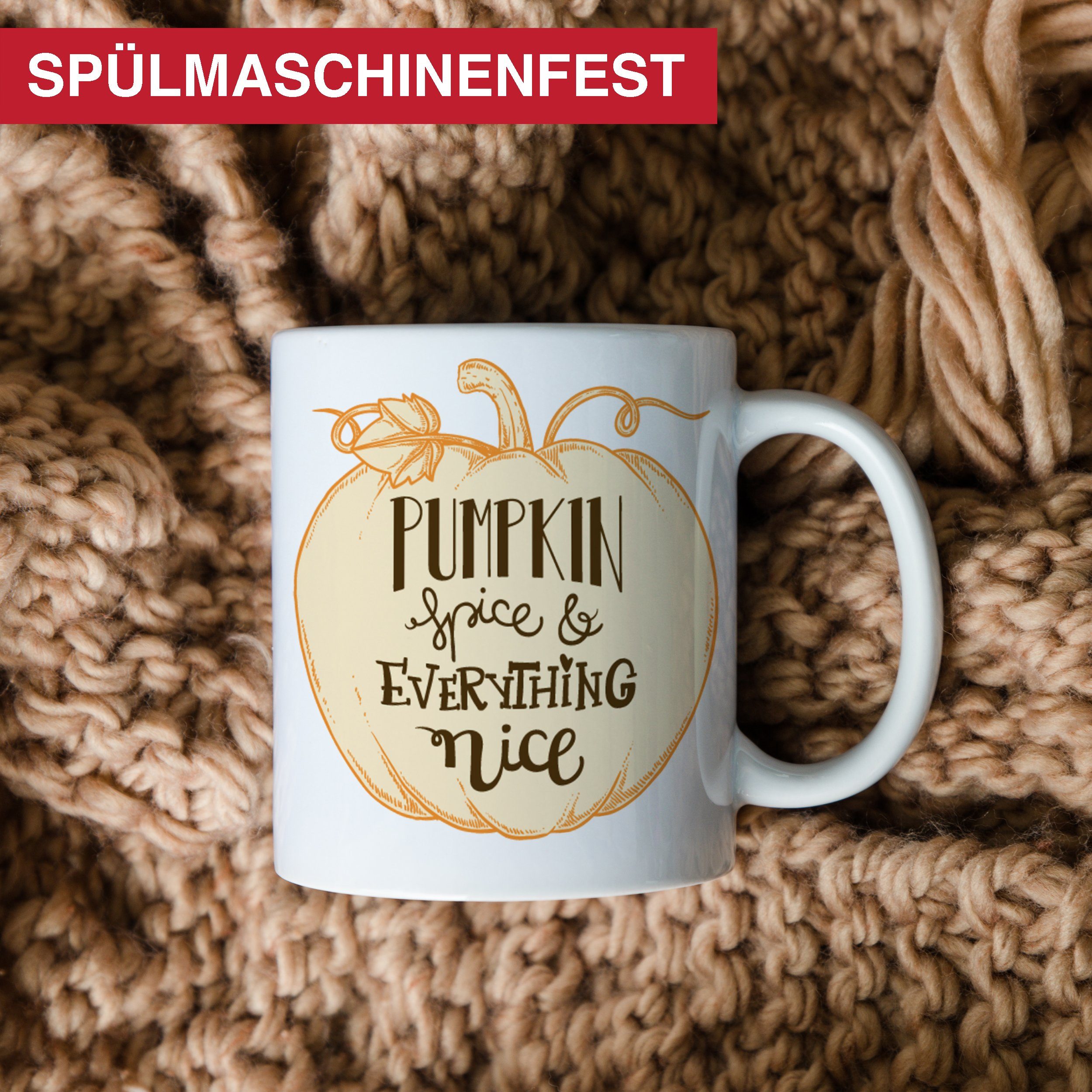 Giftandprint Tasse Pumpkin Spice deko, Spüllmaschinengeeignet, Kürbistasse, Geschenk, Mikrowellengeeignet Weihnachten, Weiß Kürbis