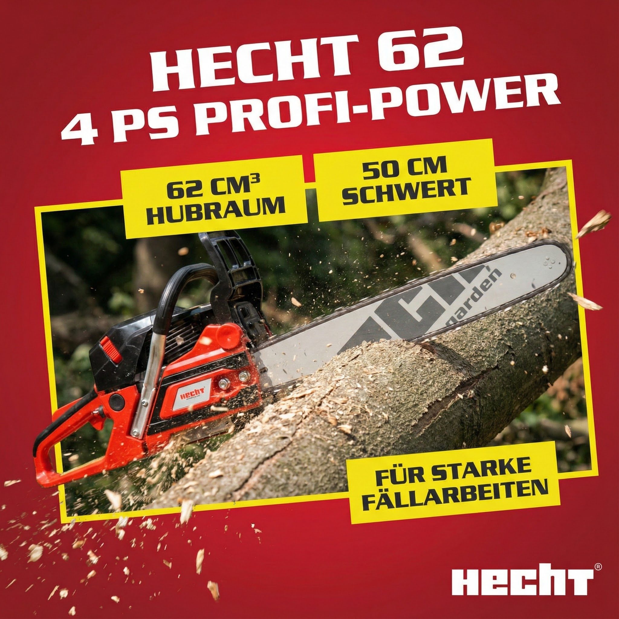 Hecht Benzin-Kettensäge Motorsäge 62, 2,9kW / 4PS, Baumkralle, 25Q72E, 50 cm Schwertlänge, 0,325´´, Umlenkstern, 45 cm Schnittlänge, 5,4 kg