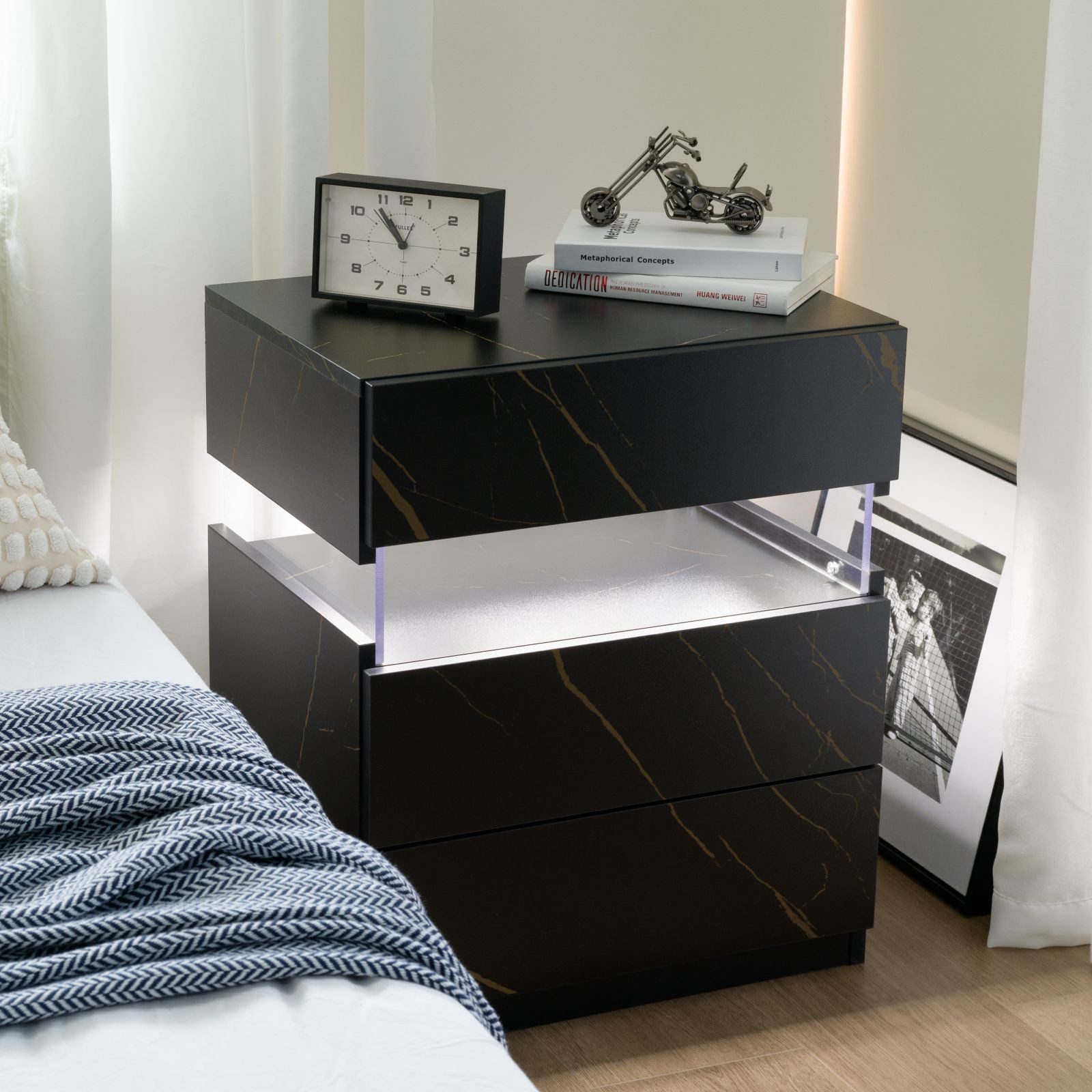 Nachttisch Beistelltisch Nachtschrank Nachtkommode LED Schubladen Weiß/Schwarz