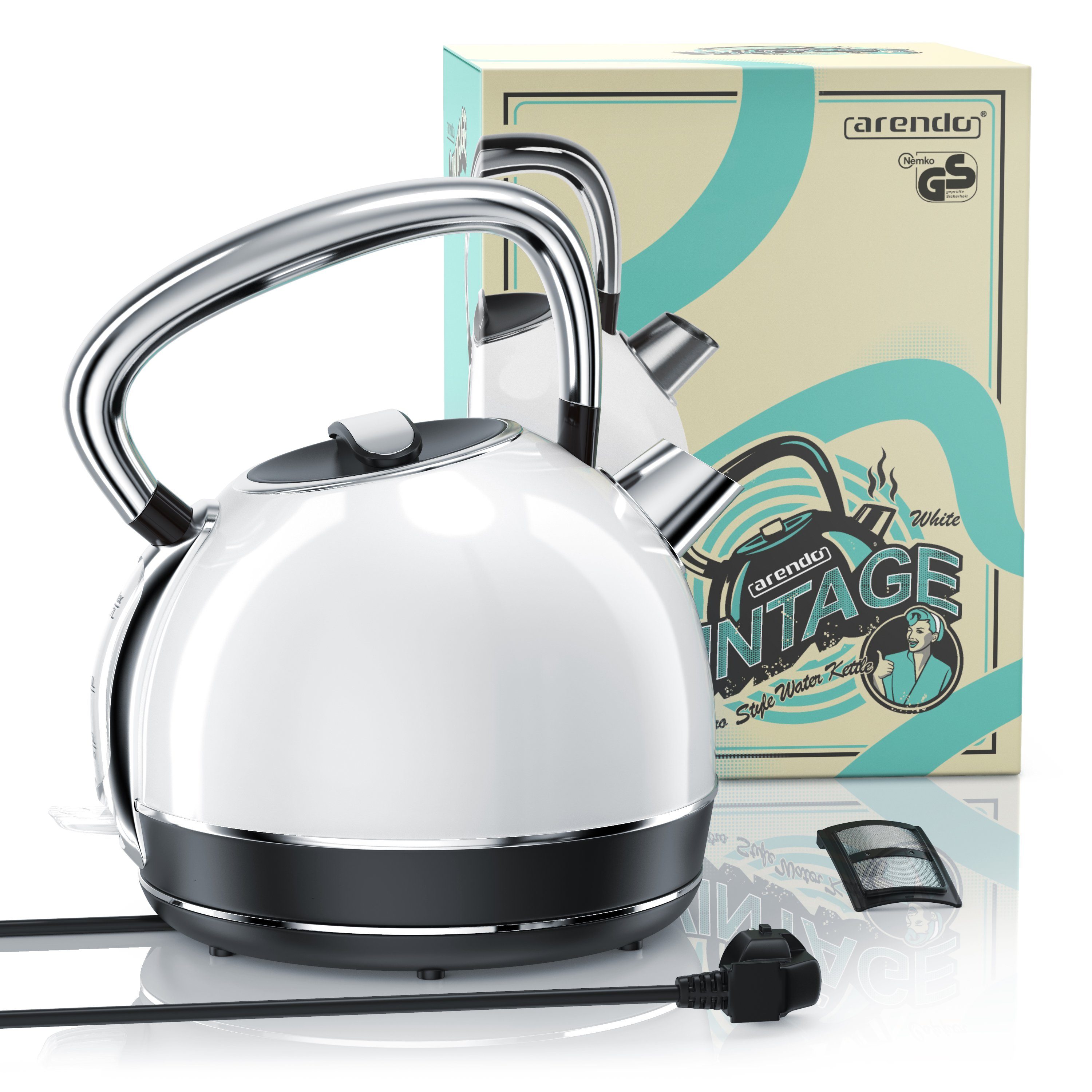 Arendo Wasserkocher Vintage Edelstahl Teekessel im Retro Style, GS Geprüft, weiß, 1,7 l, 2200 W, Überhitzung & Trockenkochschutz, automatische Abschaltung, Kalkfilter