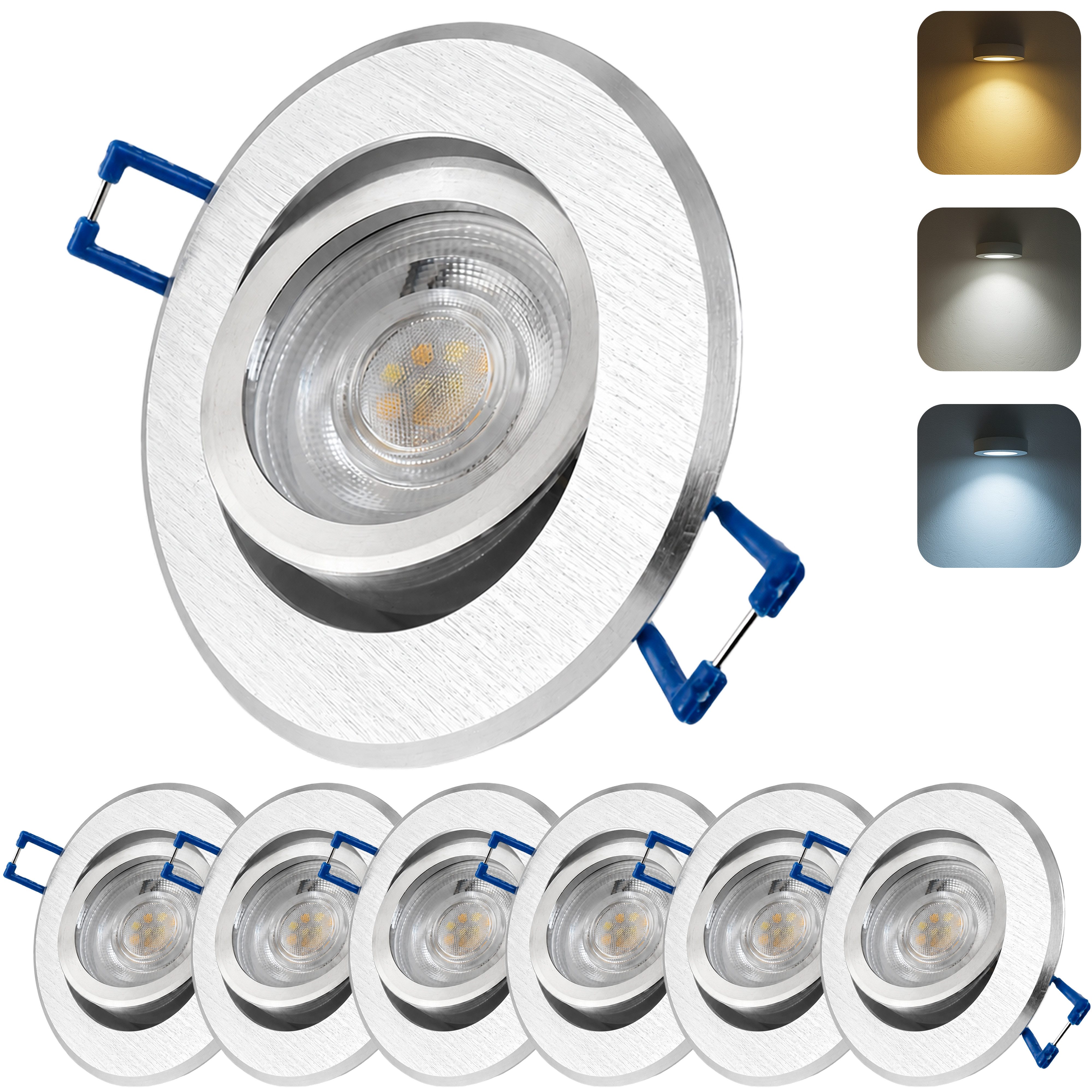 Sweet LED LED Einbaustrahler 6er SET LED Modul 5W 230V 3-CCT Einbauspots flach schwenkbar Silber, 3000K warmweiß, 4000K neutralweiß, 6500K kaltweiß, Deckenspots, Ø 85 mm, Einbauleuchte