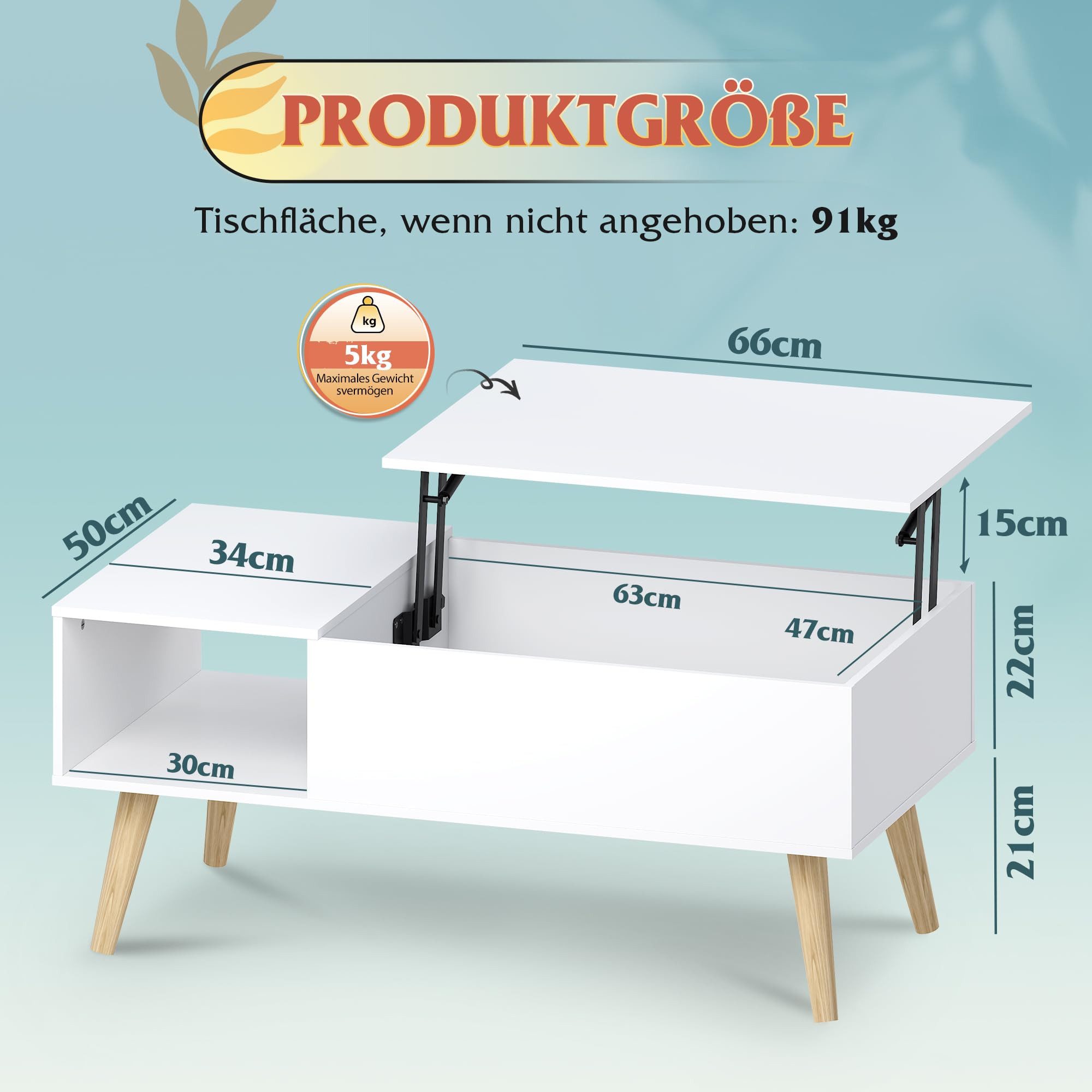 WLIVE Couchtisch höhenverstellbar mit Stauraum, Lift-Top Wohnzimmertisch 100×50×41-57cm (Packung, Lift-Top-Design), Holzoptik & Metallrahmen, für Wohnzimmer Büro