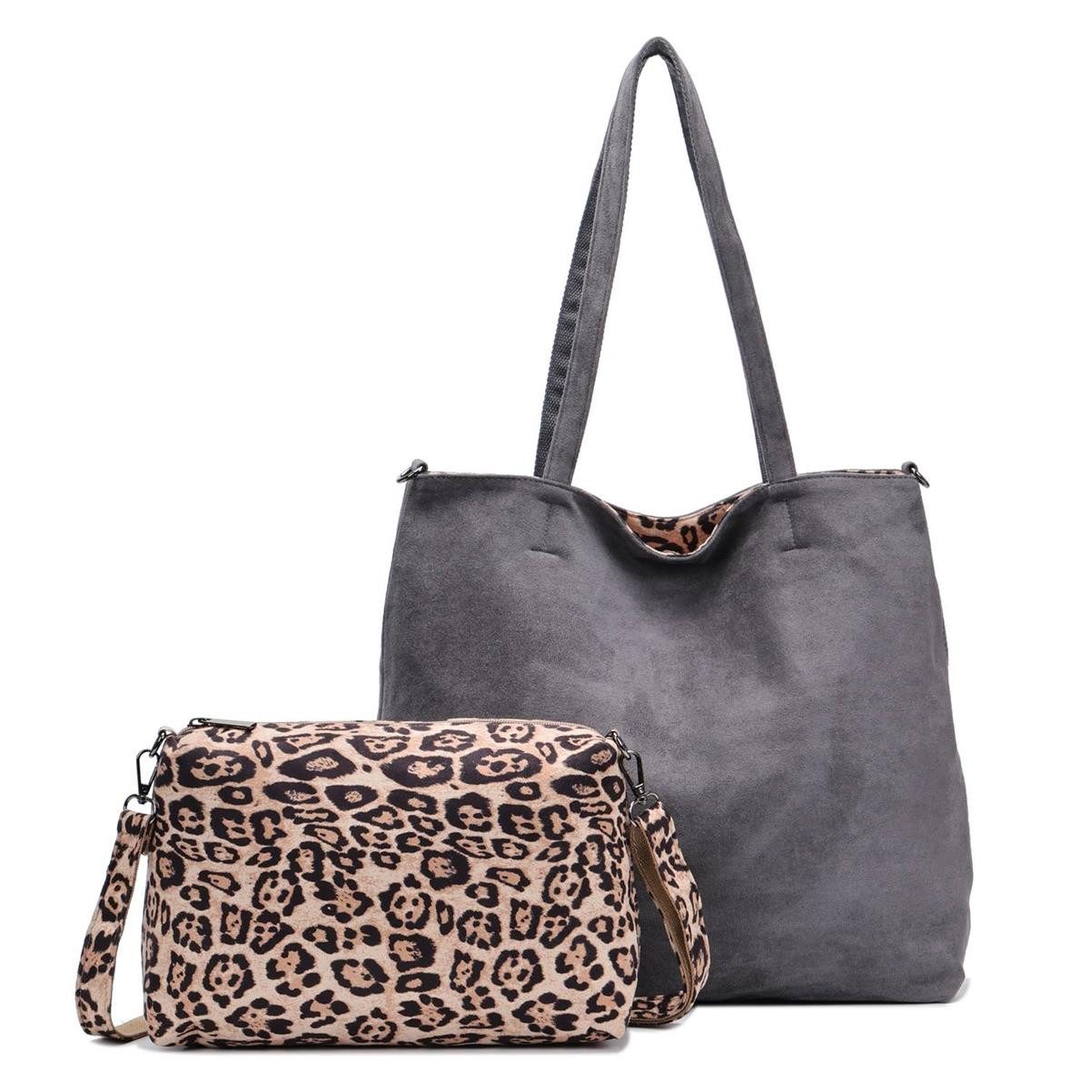 ITALYSHOP24 Schultertasche XL Damen Tasche Set 2in1 Shopper Tote Bag Crossbody Velours CrossOver (Spar-Set 2 in1 Hobo + Crossbody Bag / Schmucktasche, Leichtgewicht, Wildleder Optik), Leopard Umhängetasche Body Bag Beuteltasche Freizeit Henkeltasche Samt
