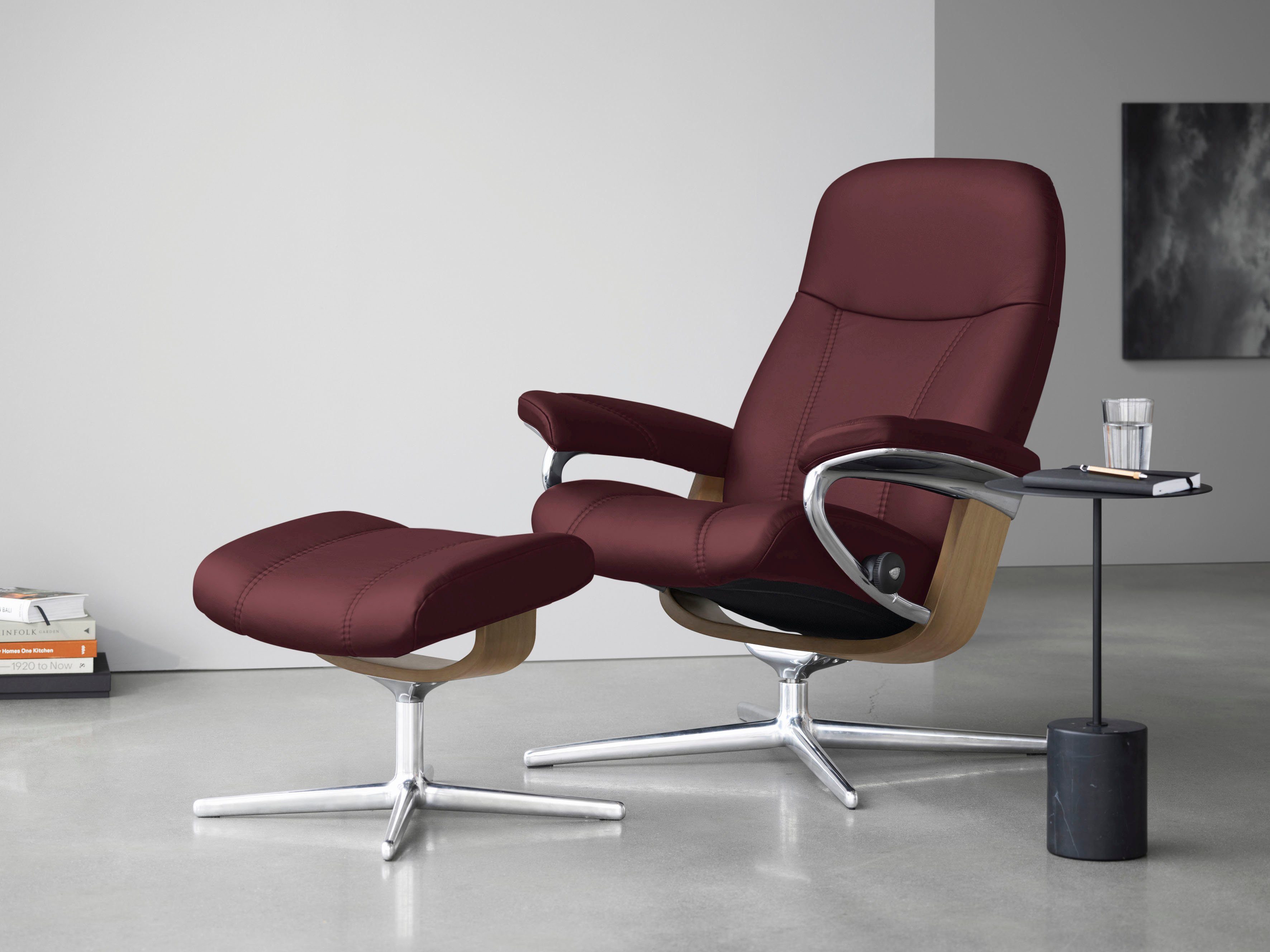 Stressless® Relaxsessel Relaxsessel (Set, S, mit Eiche Holzakzent Cross M mit Größe L, Consul & Hocker, Base, mit Hocker)