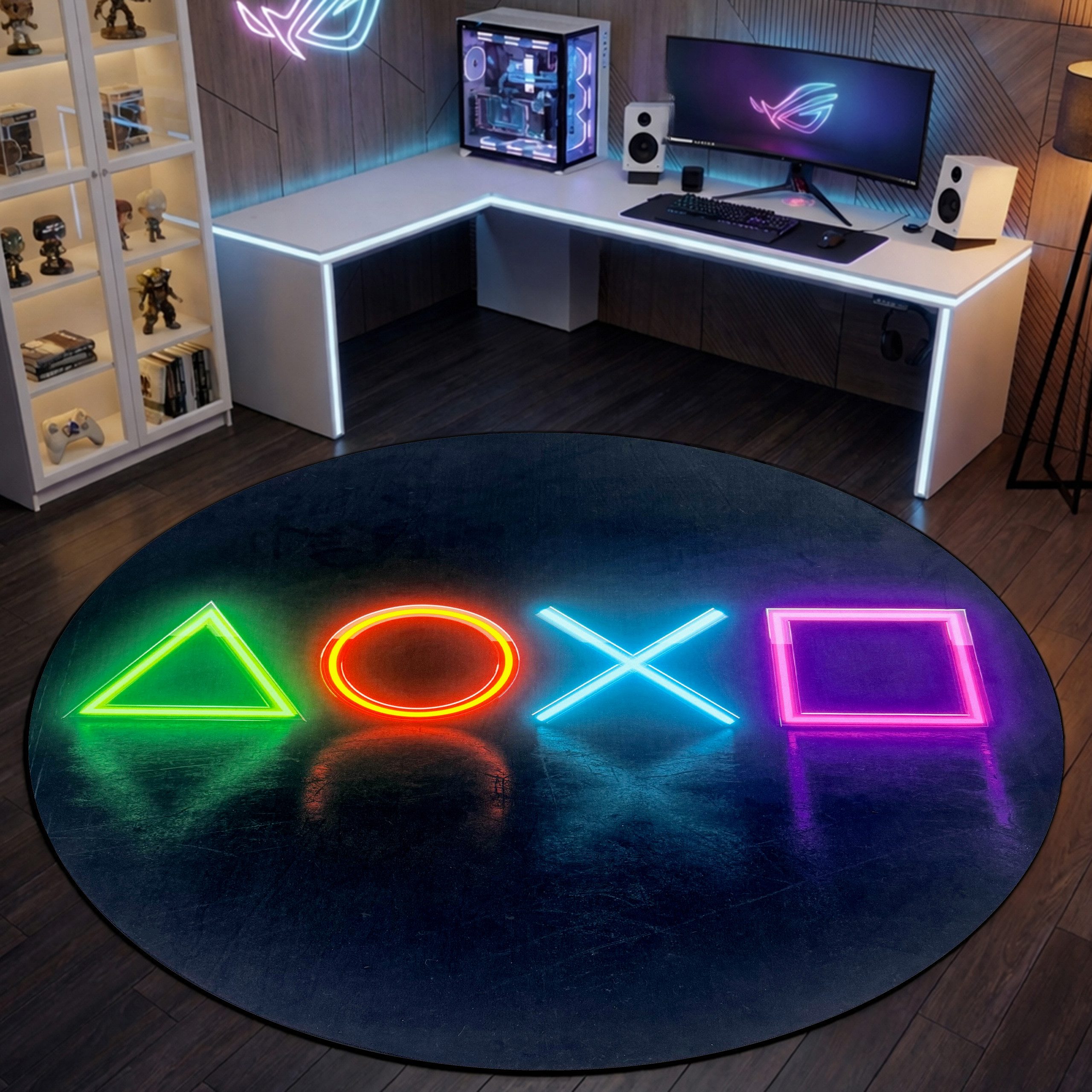 TeppichHome24 Teppich Gaming Teppich mit neonfarbigen Symbolen, rechteckig, pflegeleicht, gleichmäßige Oberfläche, für Fußbodenheizung geeignet