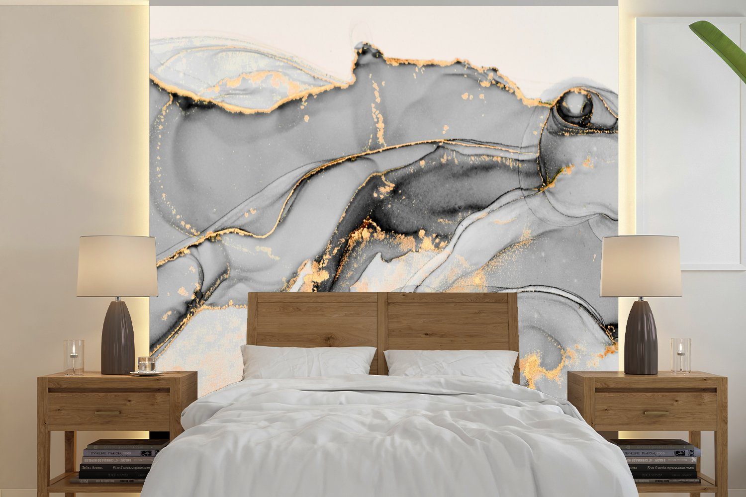 MuchoWow Fototapete Marmor - Gold - Grau, Matt, bedruckt, (4 St), Vliestapete für Wohnzimmer Schlafzimmer Küche, Fototapete