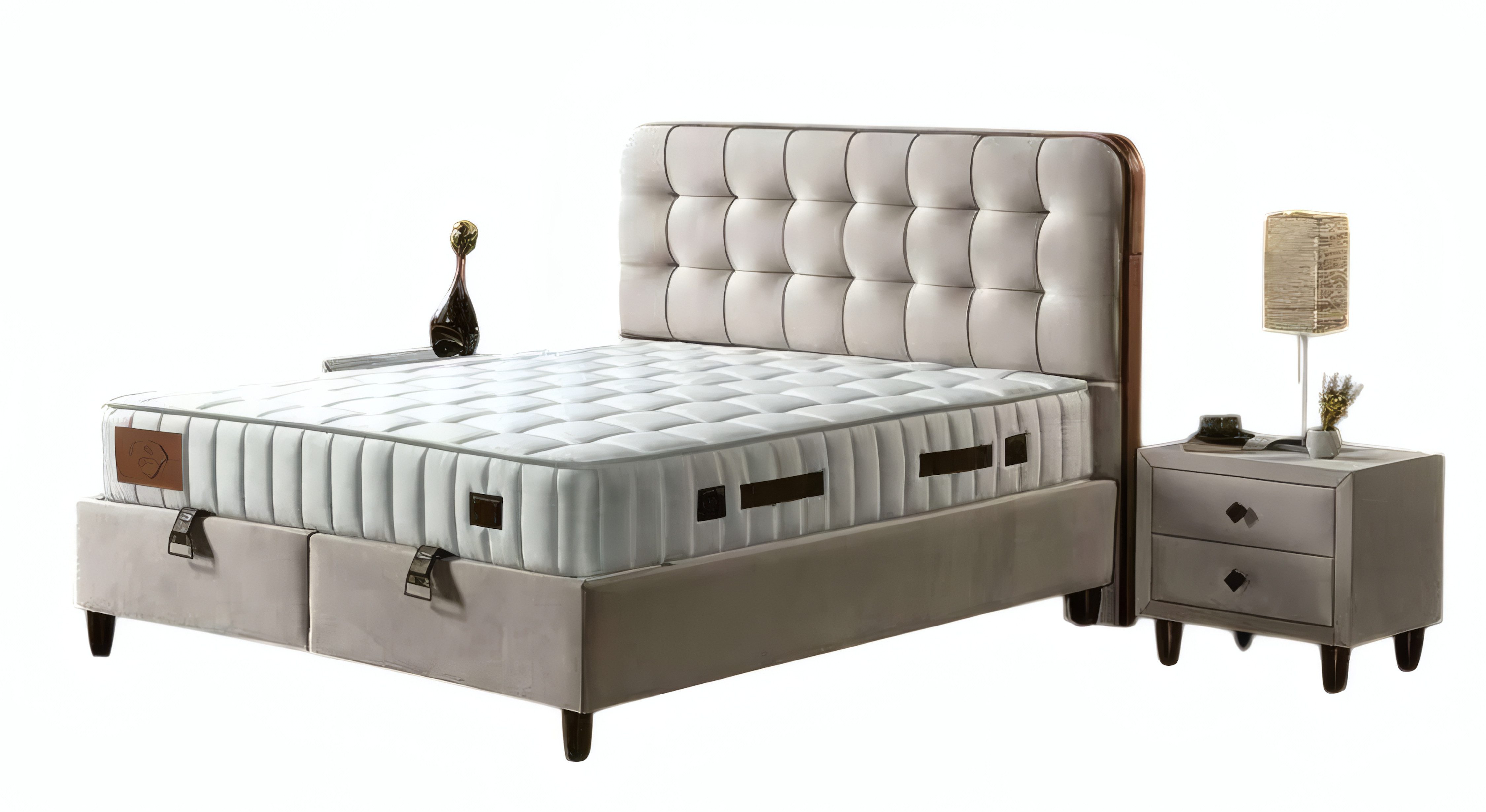 JVmoebel Schlafzimmer-Set JVMoebel Bett mit Komfortmatratze und Nachttischen in Beige, (3-tlg)
