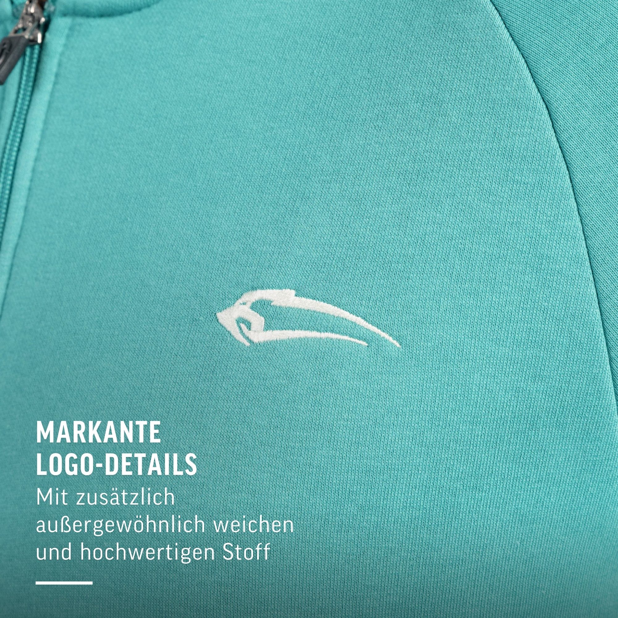 Kapuzenstrickjacke Yassin, Zip Hoodie mit Logo, leicht überschnittene Schultern