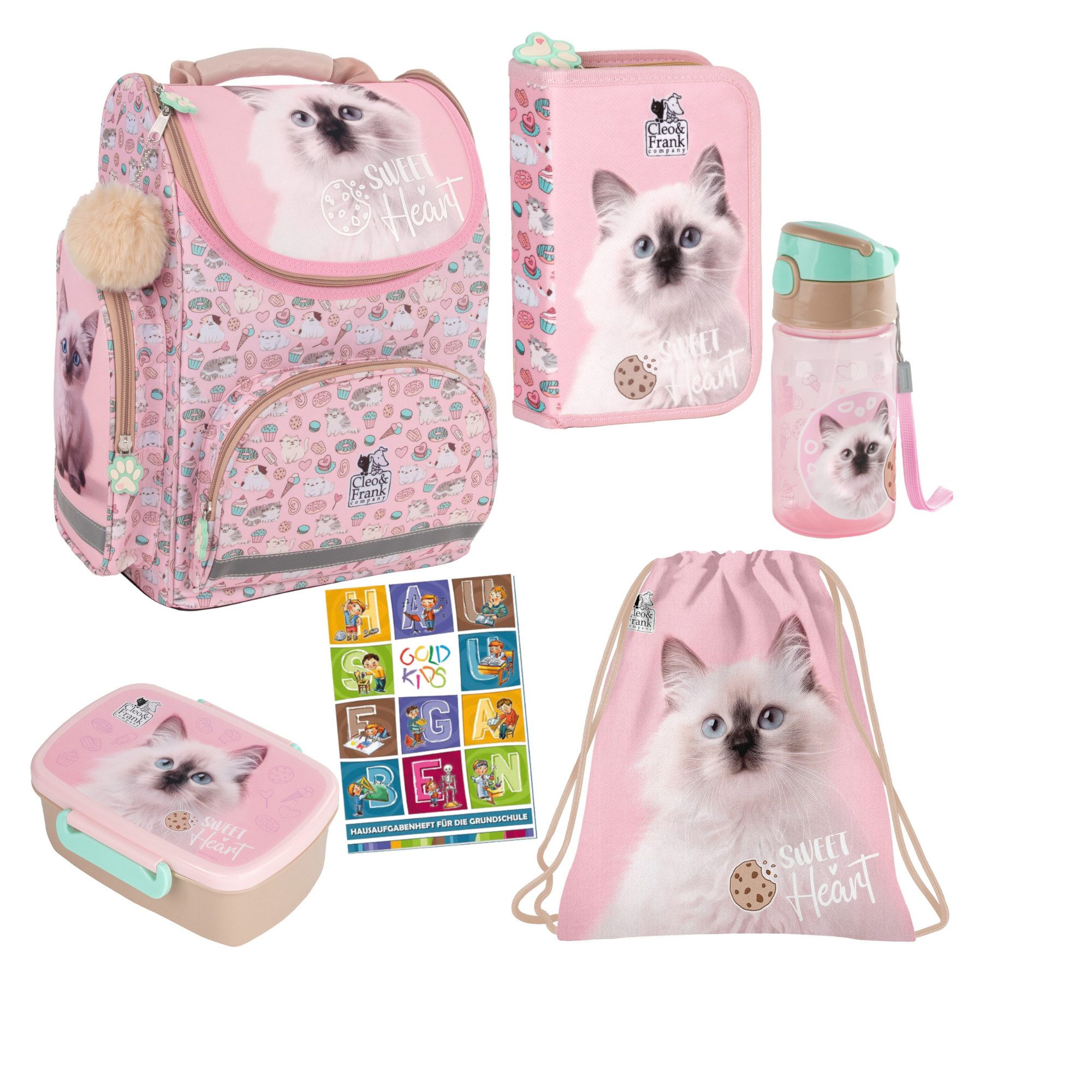GOLDKIDS Ранцы für Jungen und Mädchen, 6er-Set - (Schul-Rucksack für Kinder mit Federmäppchen -, 1-tlg., Schuhbeutel Trinkflasche und), Brotdose - Katze Motiv- 1-3 Klasse