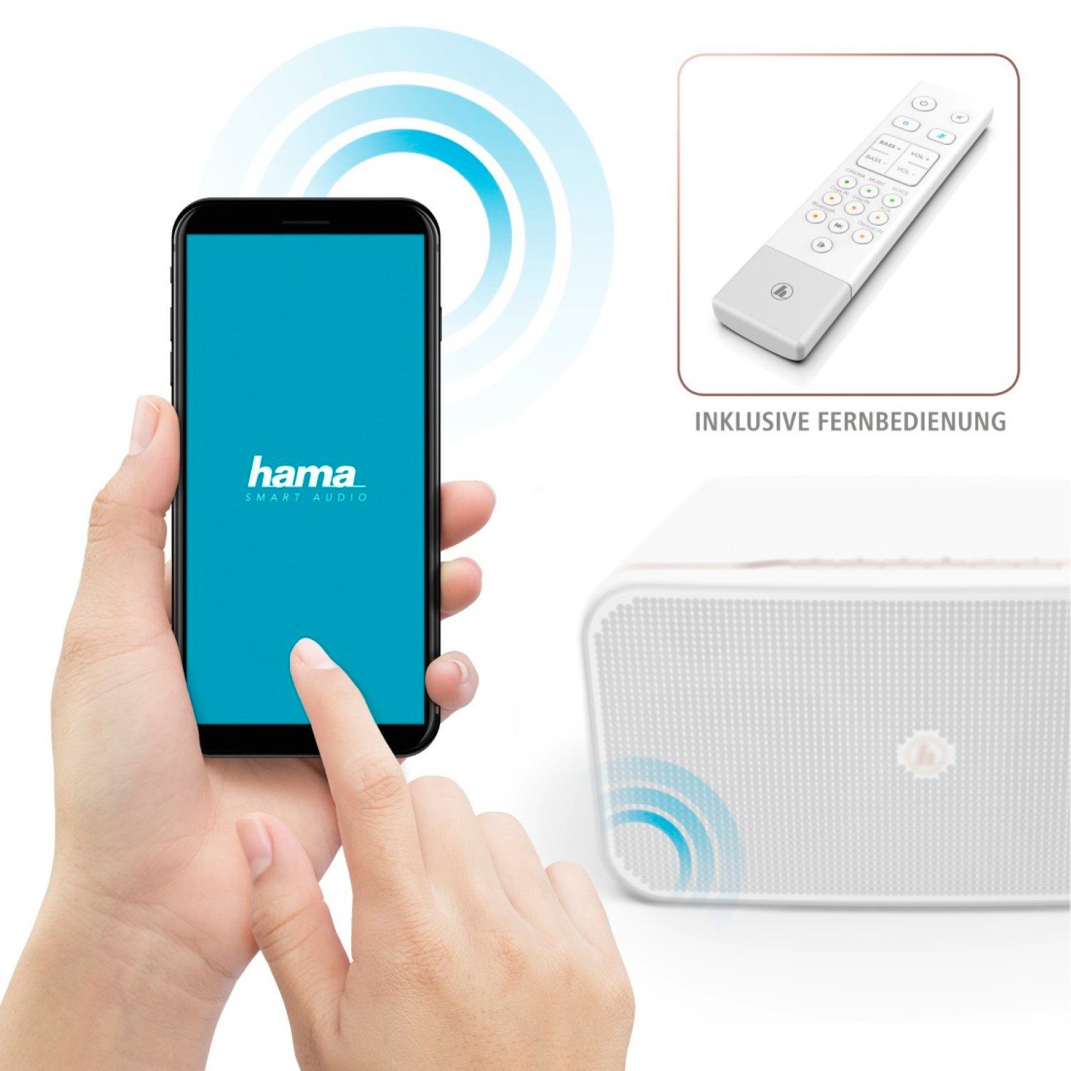 Hama Smart-Speaker SIRIUM WLAN Lautsprecher Weiß Smart Speaker (Bluetooth, WiFi, Fernbedienung, Sprachsteuerung,WiFi WLAN, Stereo Sound, USB-In AUX-In)
