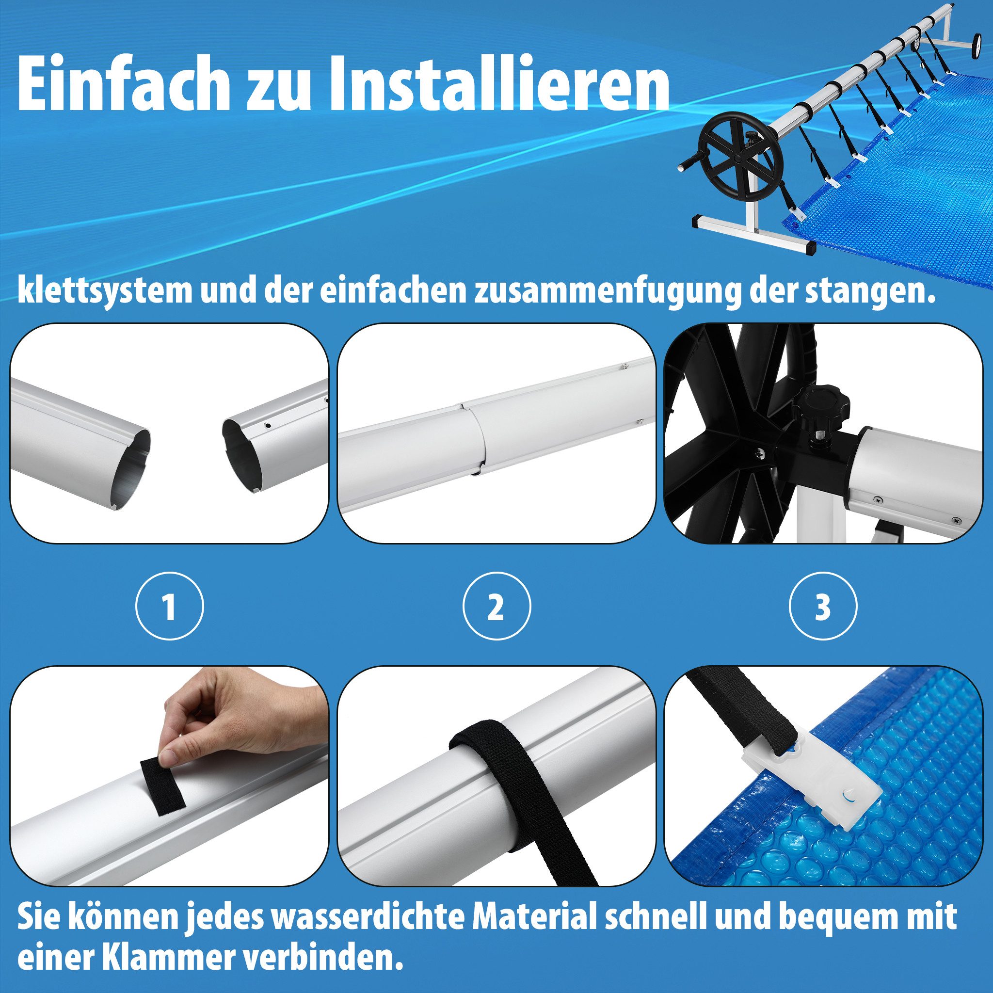 FIVMEN Pool-Abdeckplane Pool Aufroller Aluminium Aufrollsystem 3m - 5,70m Poolaufroller (1-St), inkl. Befestigung & Rollen, für Solar und Pool Planen und Abdeckungen