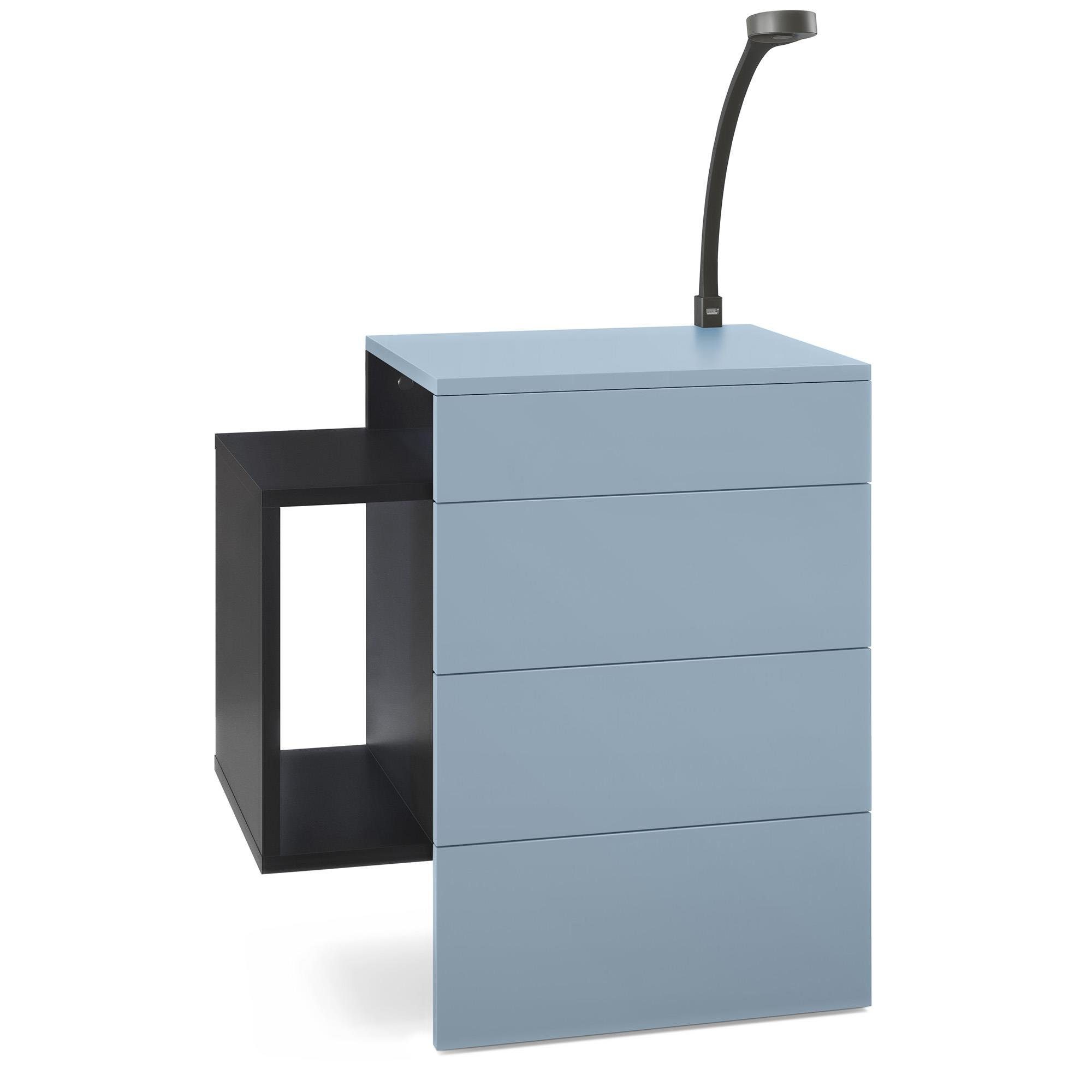 Vladon Nachttisch Queens (Nachttischschrank mit 2 Schubladen, und 1 seitlichem Fach zur Wandmontage), Schwarz matt/Denim matt inkl. LED Flexi Lampe (60 x 63 x 36 cm)